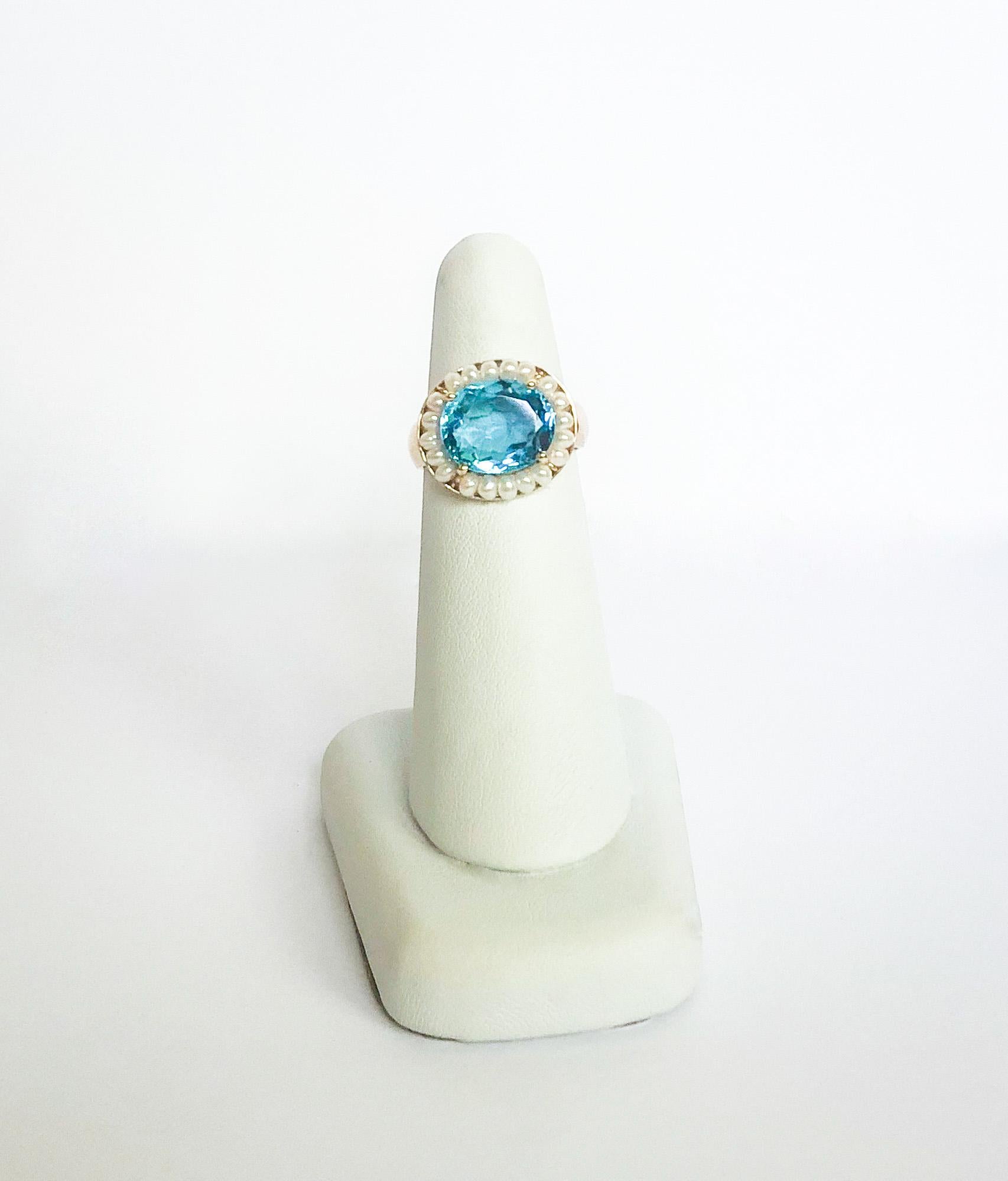 Women's Marina J. Sky Blue Topaz Ring with Seed Pearls and 14 Karat Gold Band