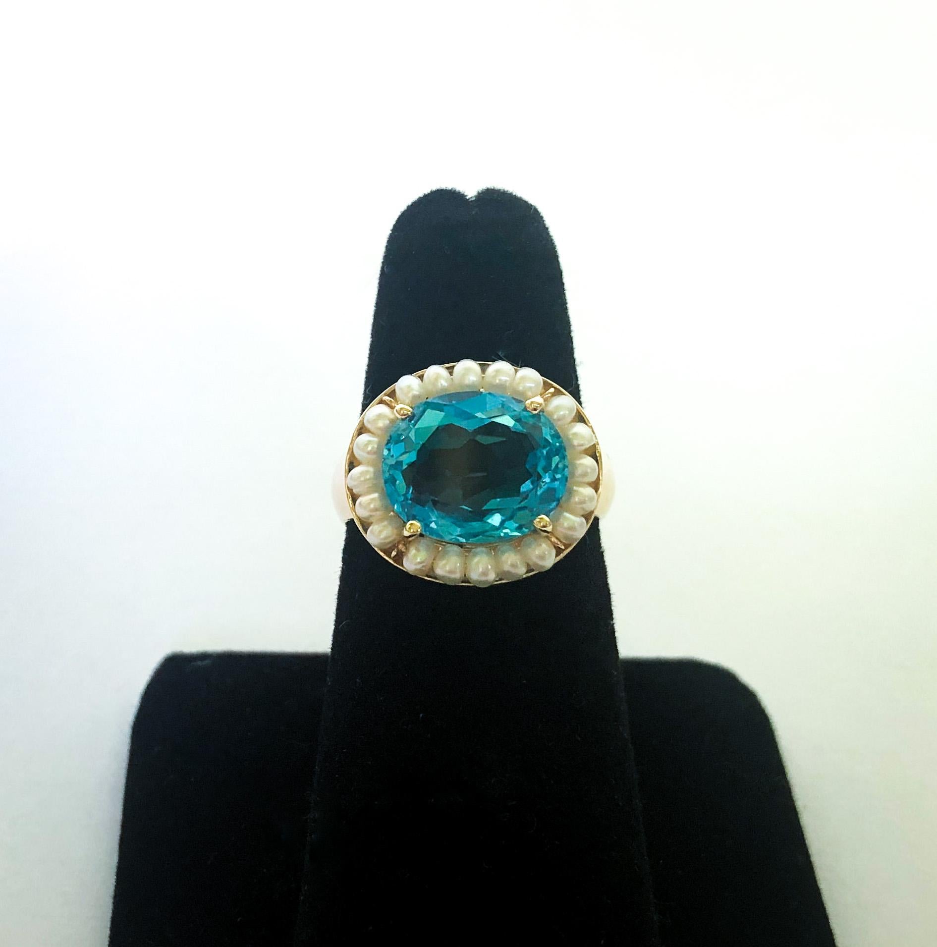 Marina J. Sky Blue Topaz Ring with Seed Pearls and 14 Karat Gold Band 2