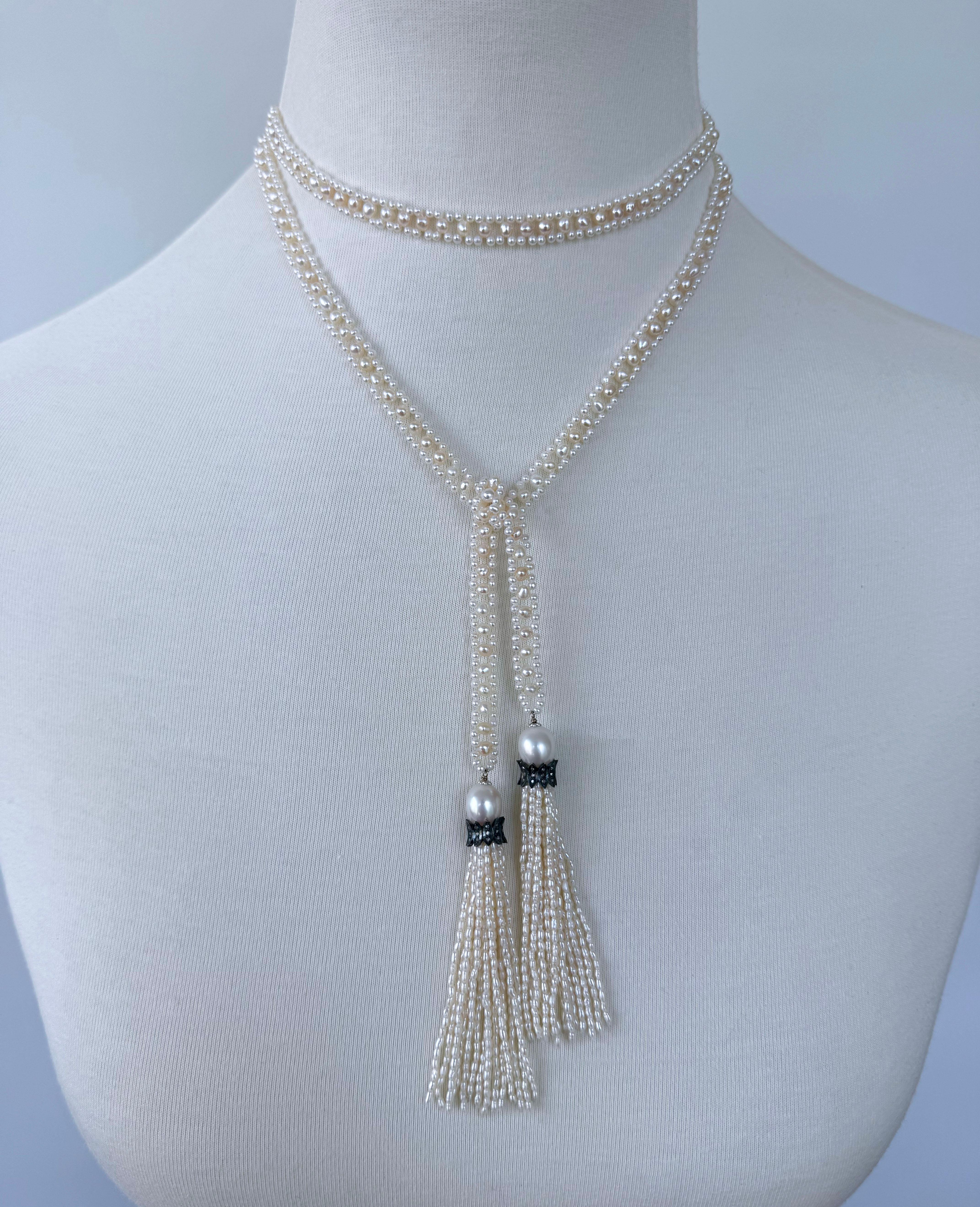 Classic Lace woven Pearl Sautoir by Marina J.
This specific Sautoir is woven with all Seed Pearls allowing it to have a dainty and delicate look while maintaining its strength and durability. Measuring 0.25 inches wide and 36 inches long sans
