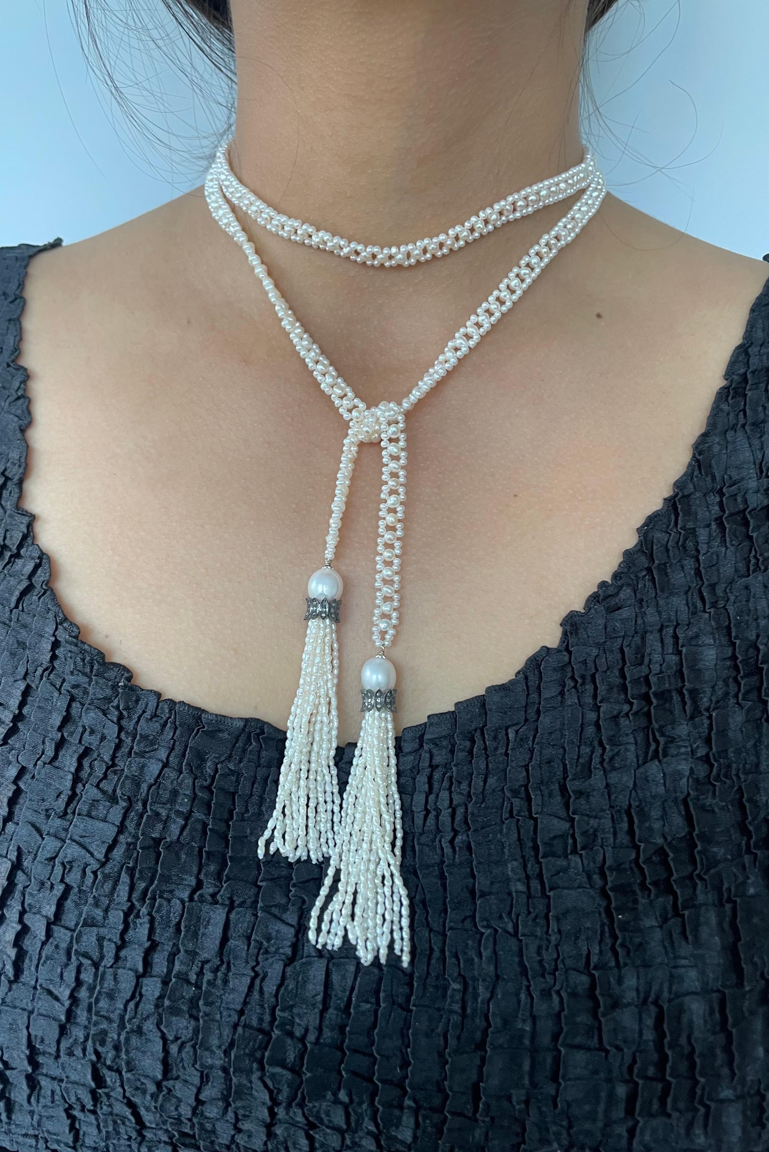 Artigiano Marina J. Slender Pearl Woven Sautoir with Diamond Encrusted Silver Tassels in vendita