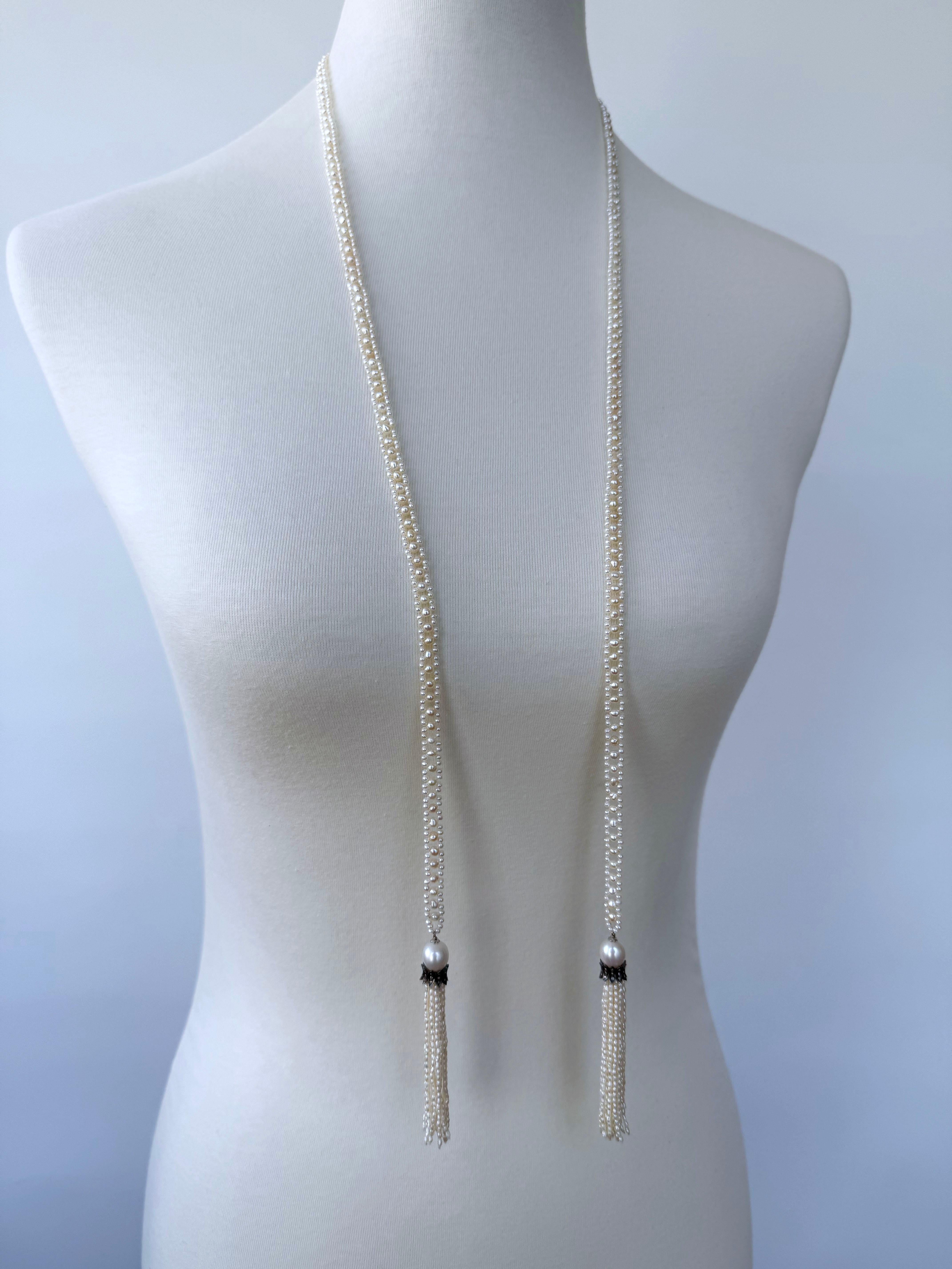 Perlina Marina J. Slender Pearl Woven Sautoir with Diamond Encrusted Silver Tassels in vendita