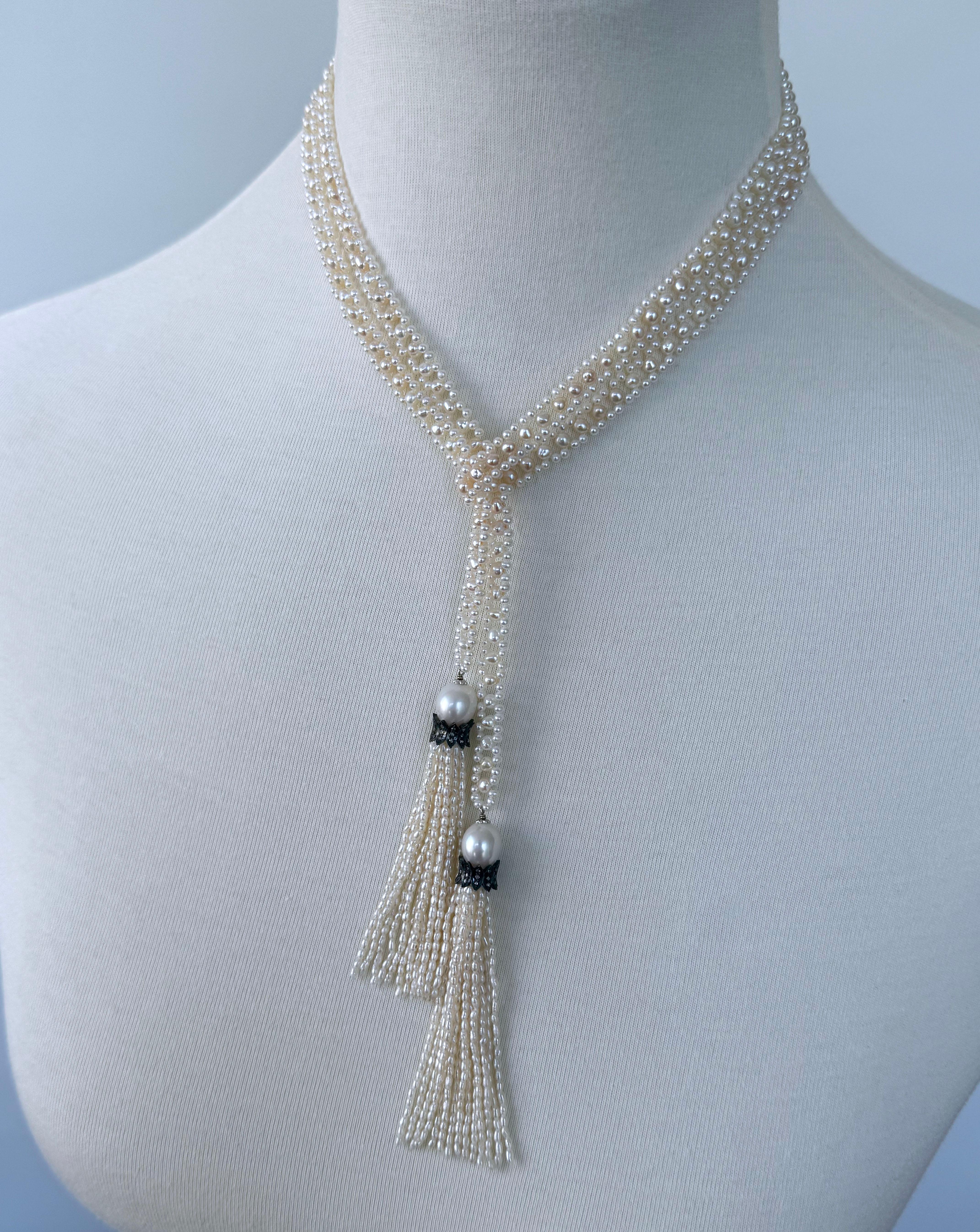 Marina J. Slender Pearl Woven Sautoir with Diamond Encrusted Silver Tassels In condizioni Nuovo in vendita a Los Angeles, CA