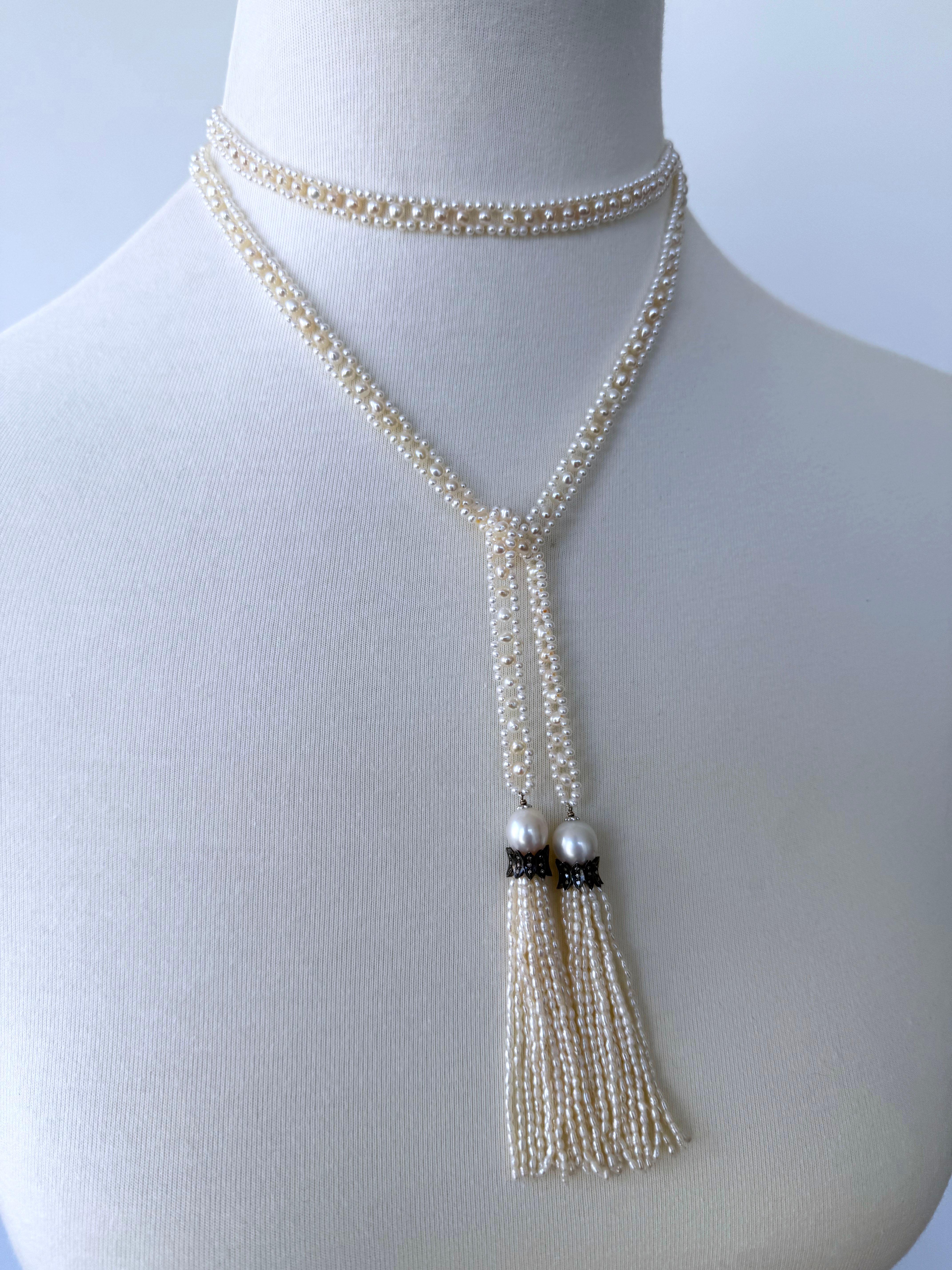 da uomo o donna Marina J. Slender Pearl Woven Sautoir with Diamond Encrusted Silver Tassels in vendita