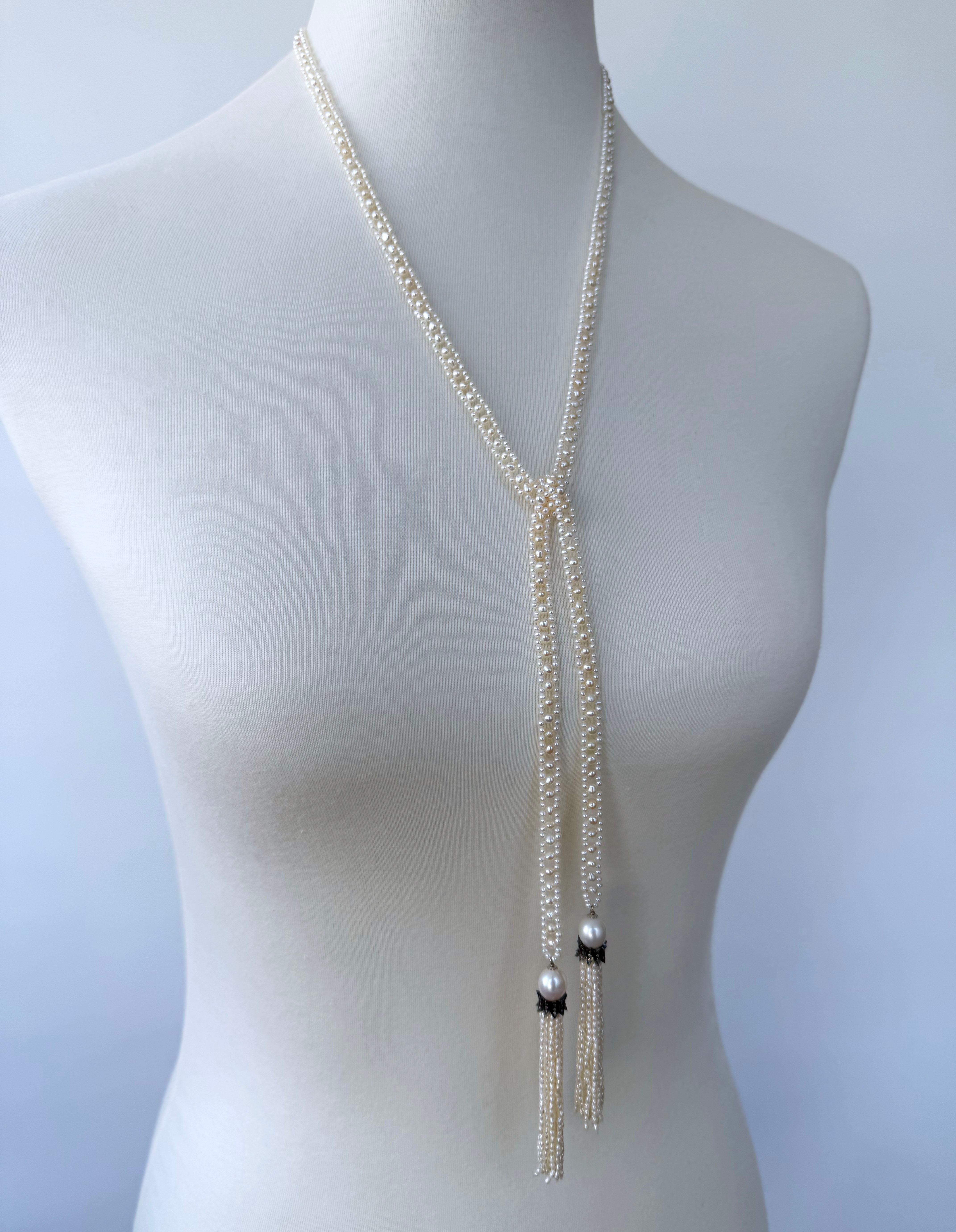 Marina J. Slender Pearl Woven Sautoir with Diamond Encrusted Silver Tassels in vendita 1