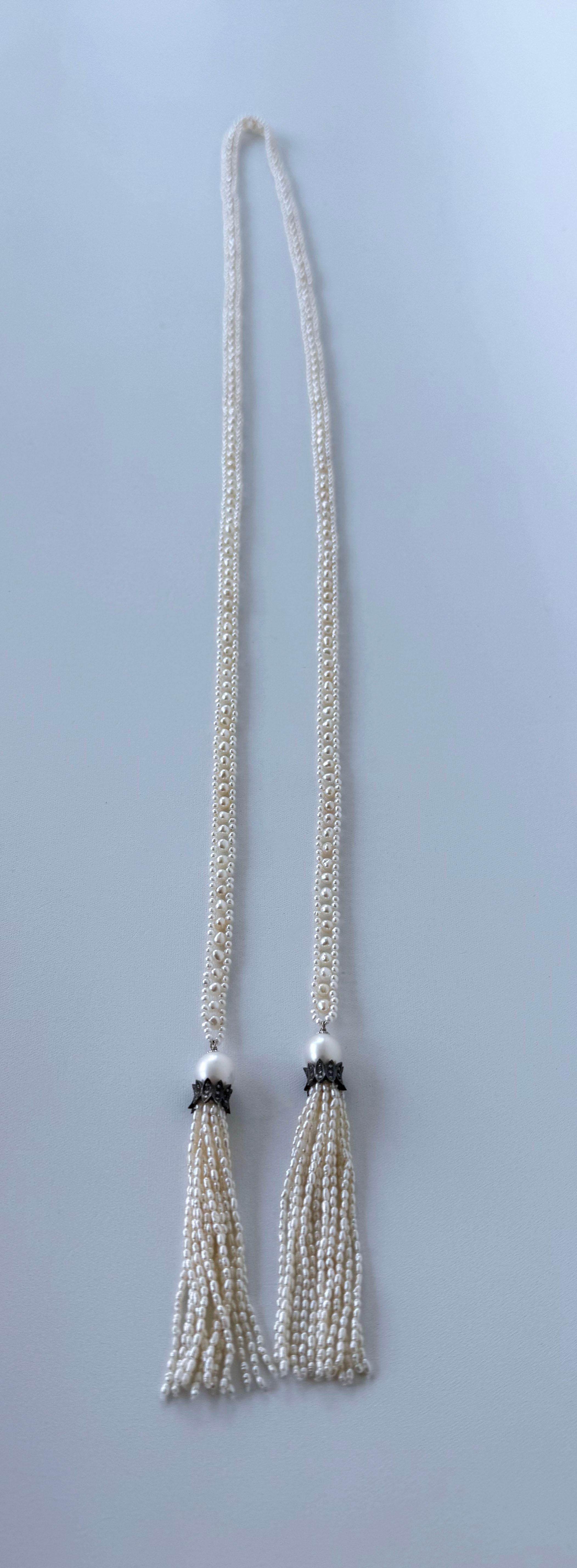 Marina J. Slender Pearl Woven Sautoir with Diamond Encrusted Silver Tassels in vendita 2