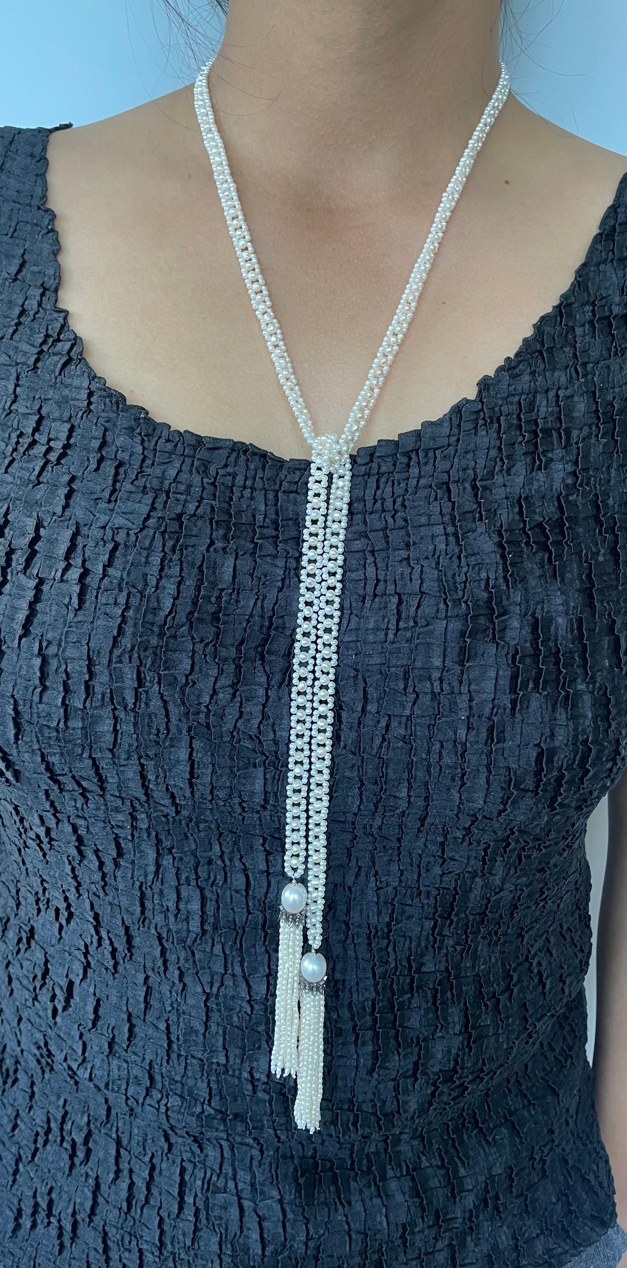 Marina J. Slender Pearl Woven Sautoir with Diamond Encrusted Silver Tassels in vendita 3