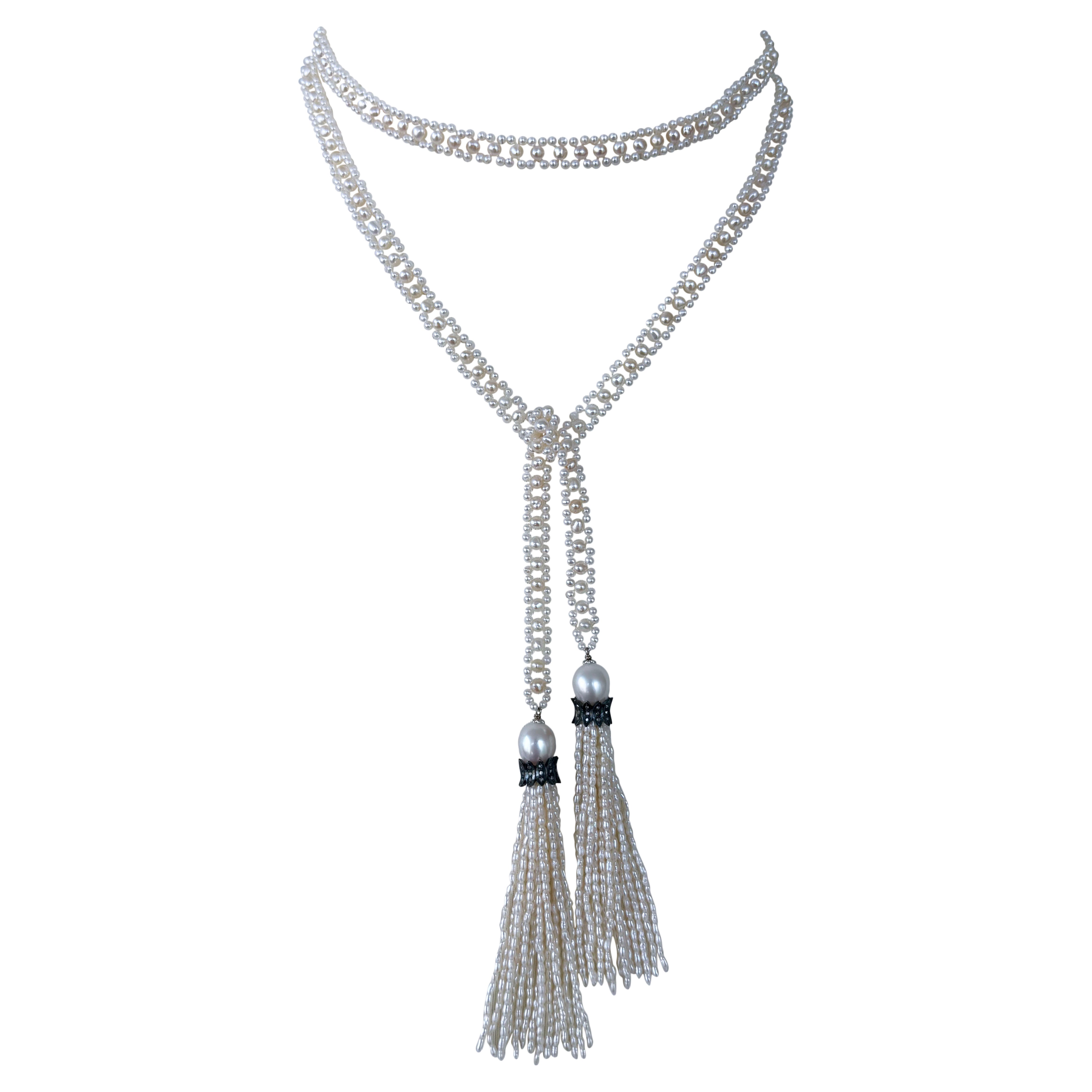 Marina J. Slender Pearl Woven Sautoir with Diamond Encrusted Silver Tassels in vendita