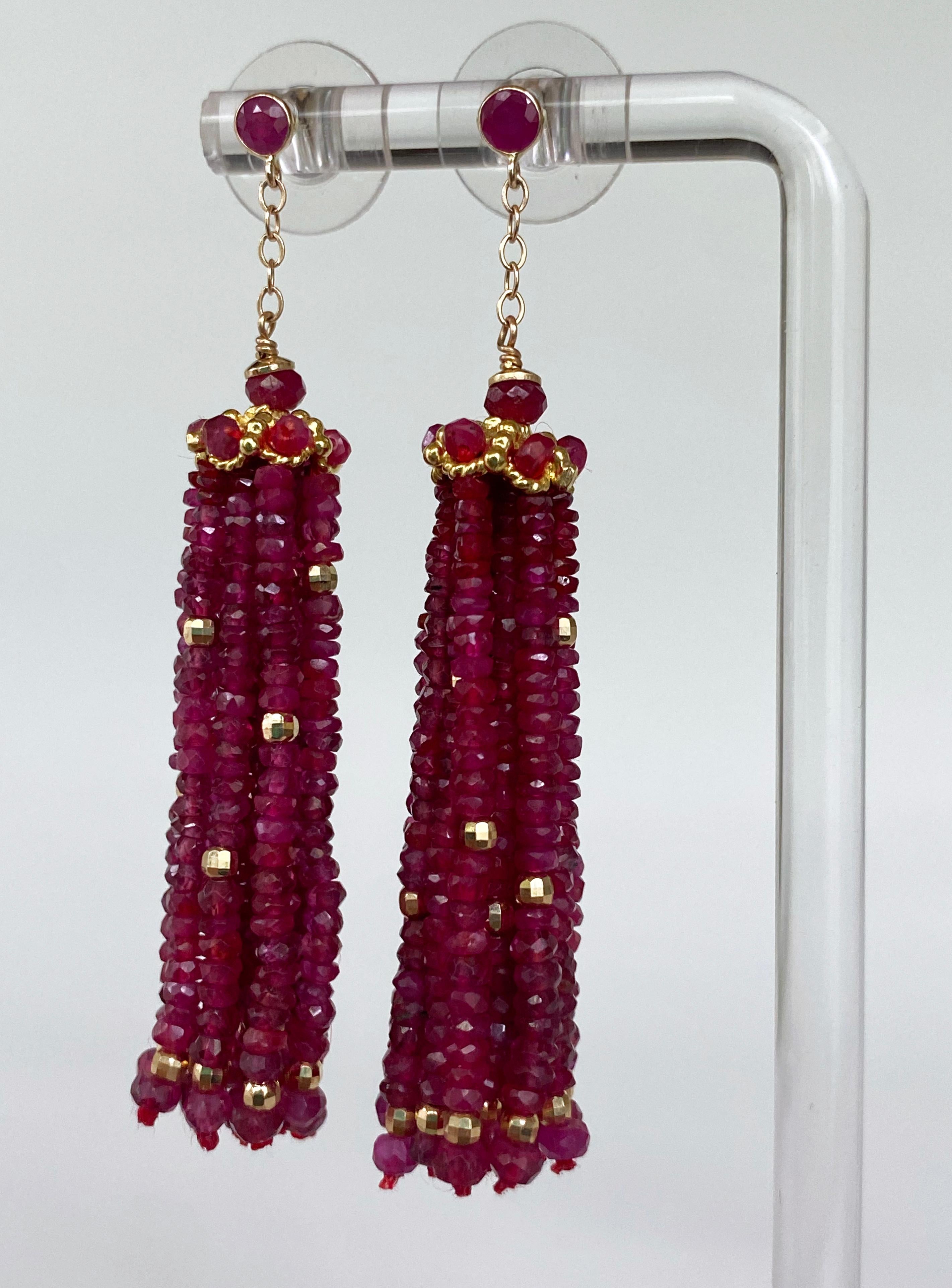 Artisan Marina J. Solid 14k Yellow Gold and Faceted Ruby Earrings For Sale