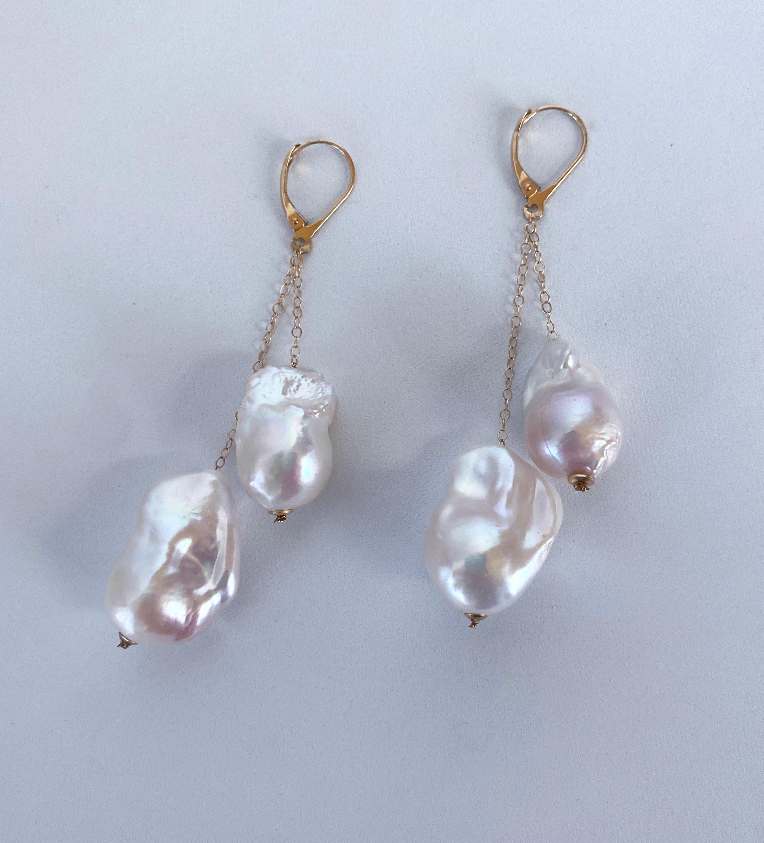 Bead Marina J. Solid 14k Yellow Gold Dangle Baroque Pearl Earrings w Lever Back Hooks For Sale