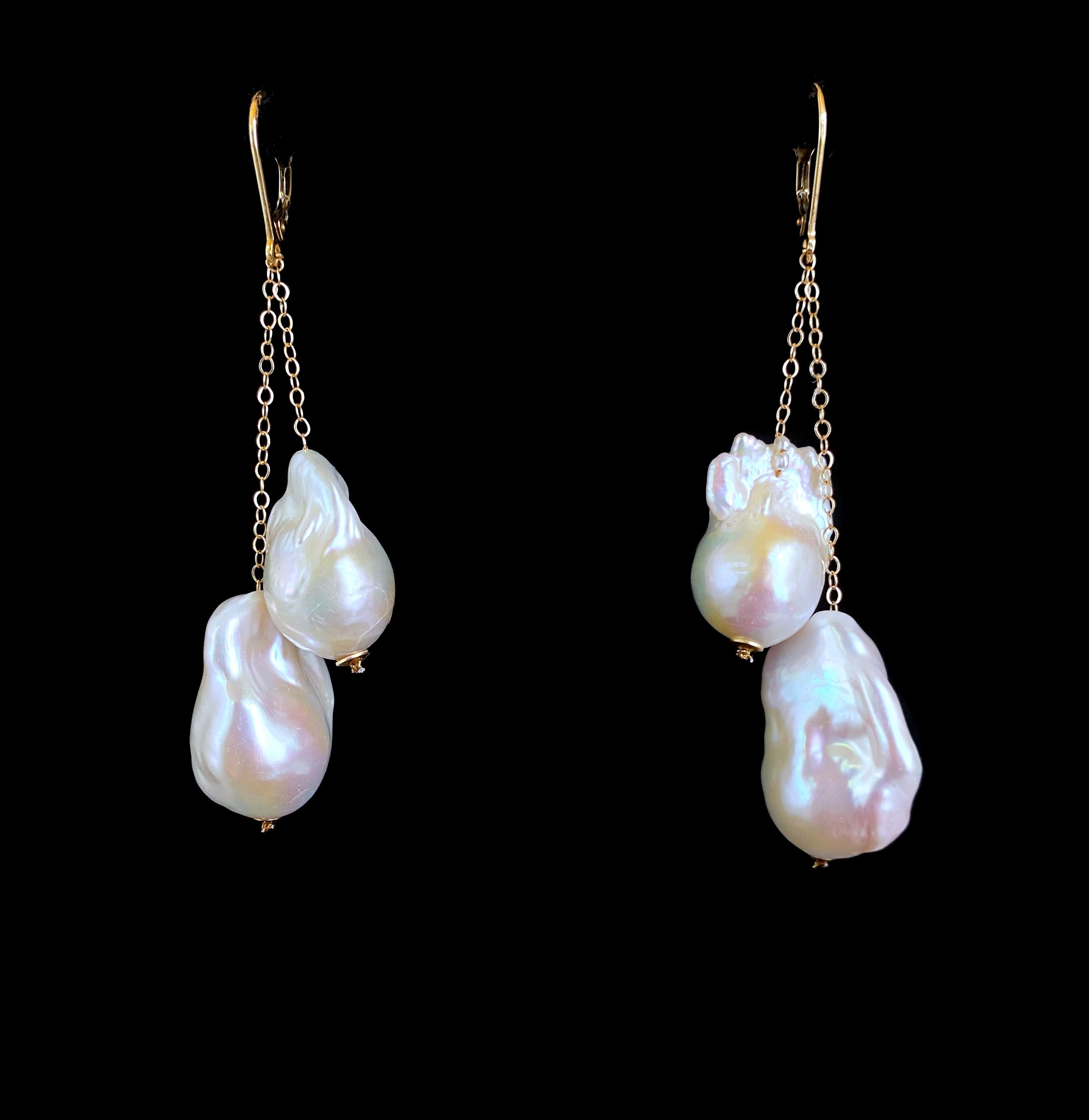 Women's or Men's Marina J. Solid 14k Yellow Gold Dangle Baroque Pearl Earrings w Lever Back Hooks For Sale