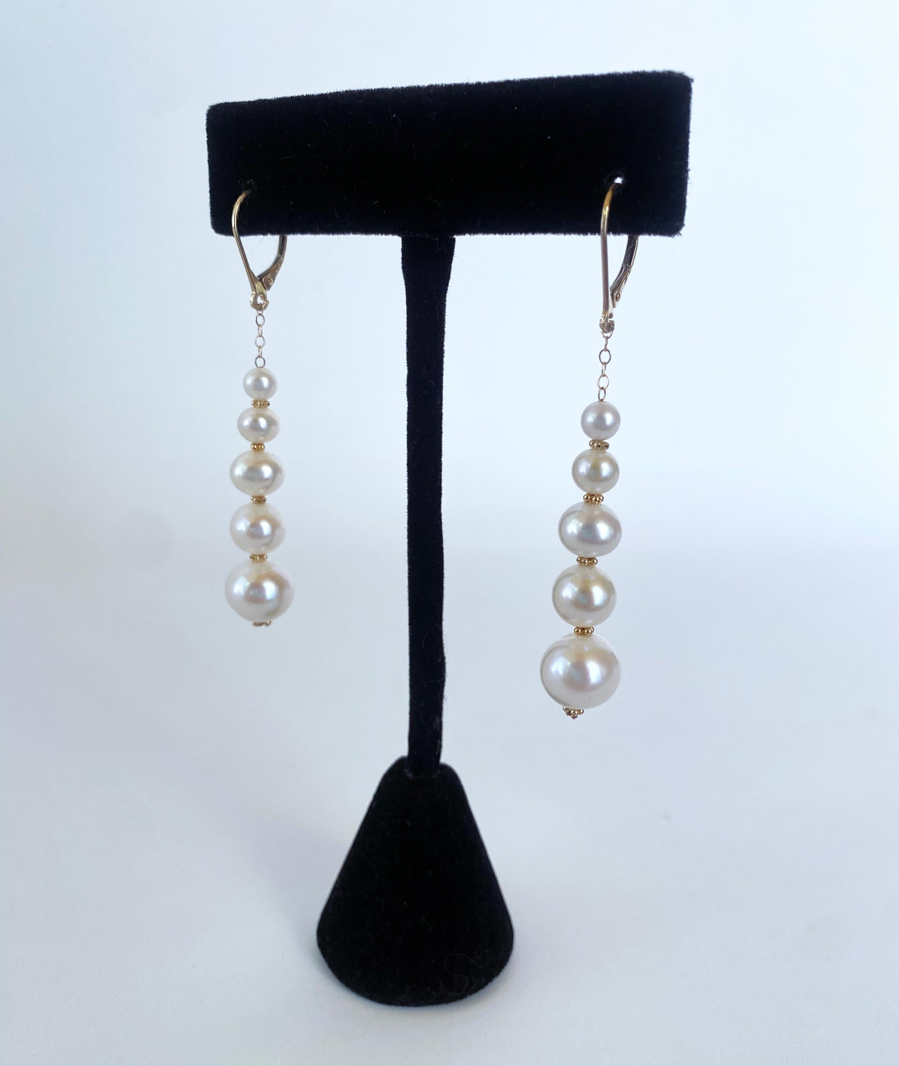 Artisan Marina J. Solid 14k Yellow Gold Graduated Pearl Dangle Earrings For Sale