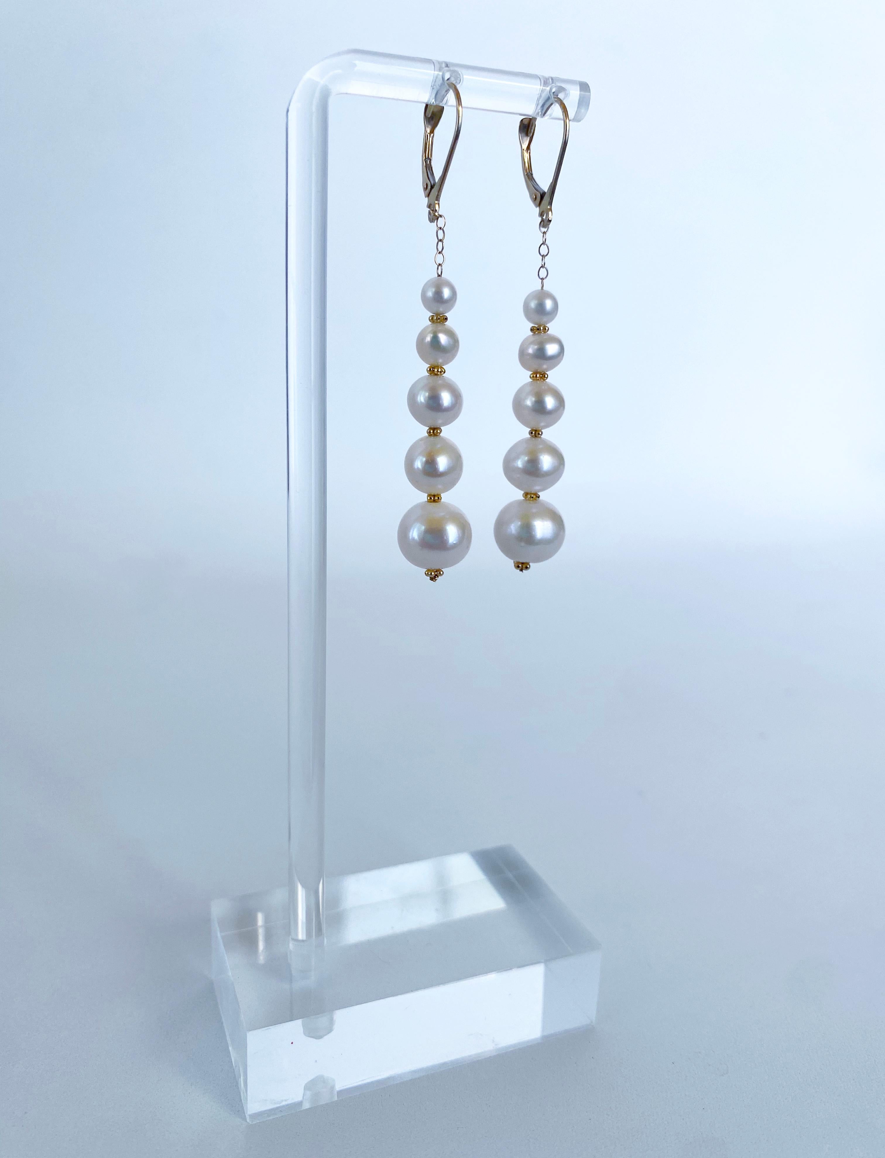 Bead Marina J. Solid 14k Yellow Gold Graduated Pearl Dangle Earrings For Sale