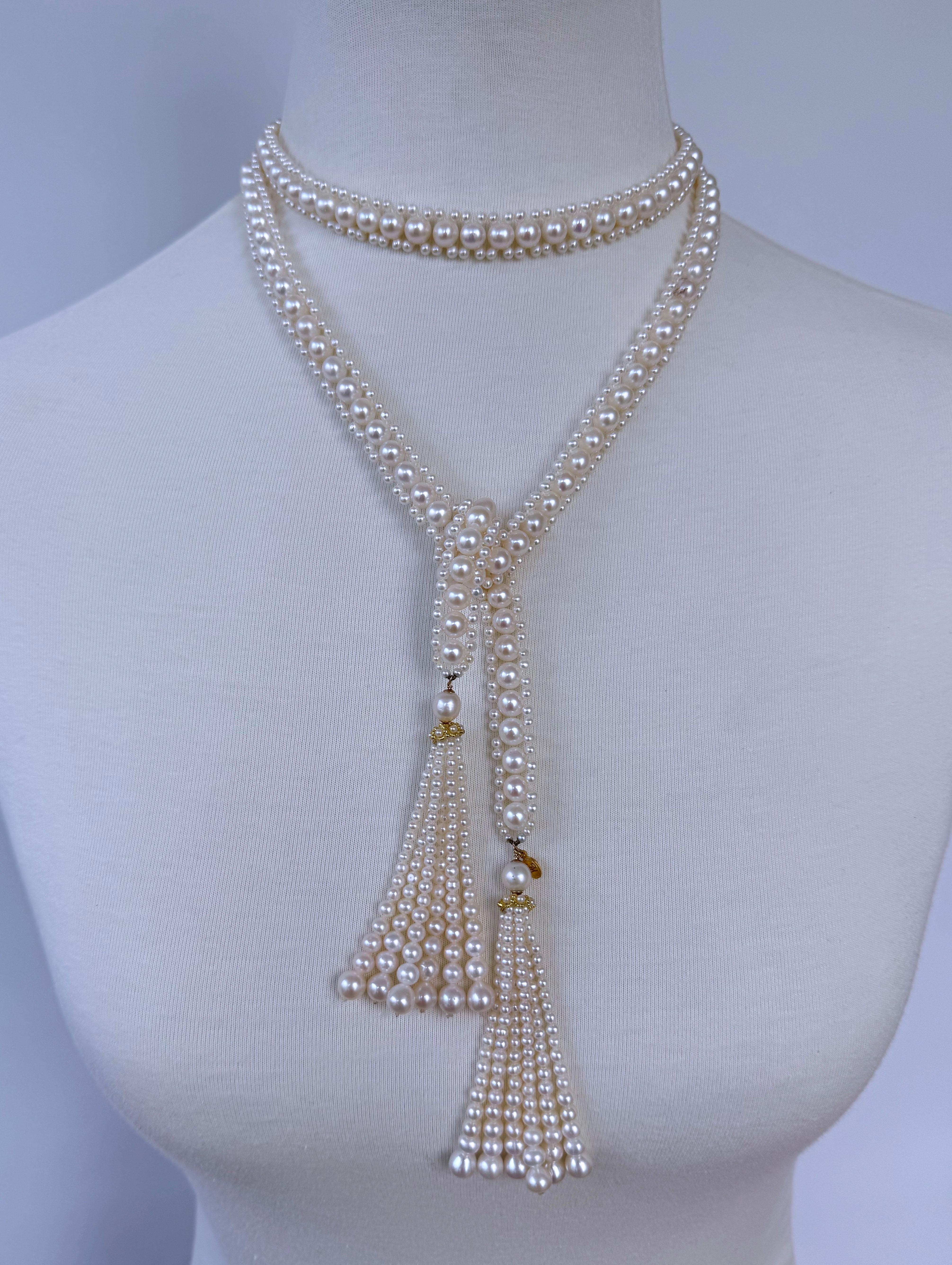 Beautiful Pearl woven Sautoir by Marina J.
This Sautoir made entirely of cultured Pearls and Solid 14k Yellow Gold - woven into a column like design that allows this Necklace to be worn in multiple fashions, as shown in photos. Measuring 44 inches