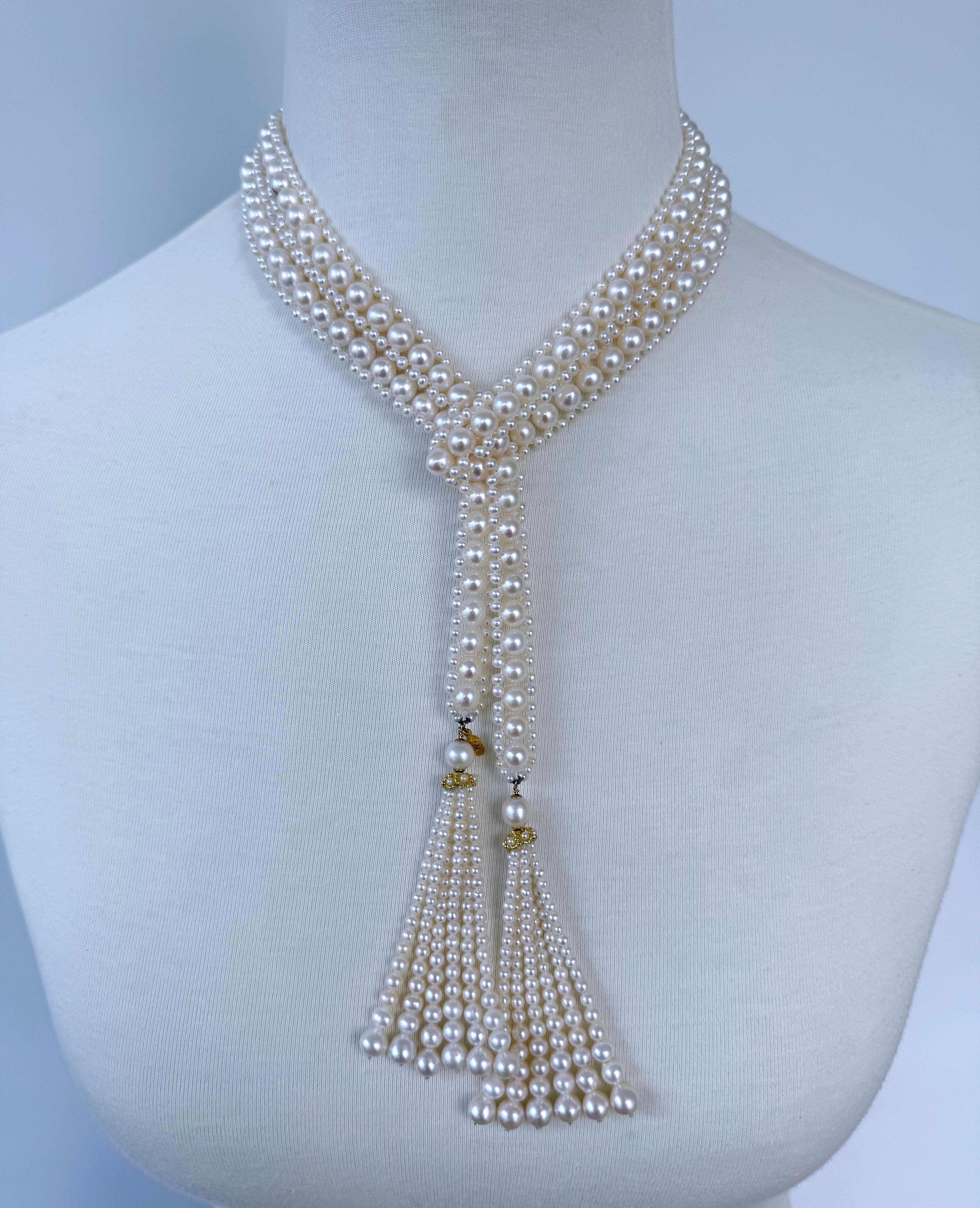 Artisan Marina J. Solid 14k Yellow Gold Pearl Sautoir with Graduated Tassels For Sale