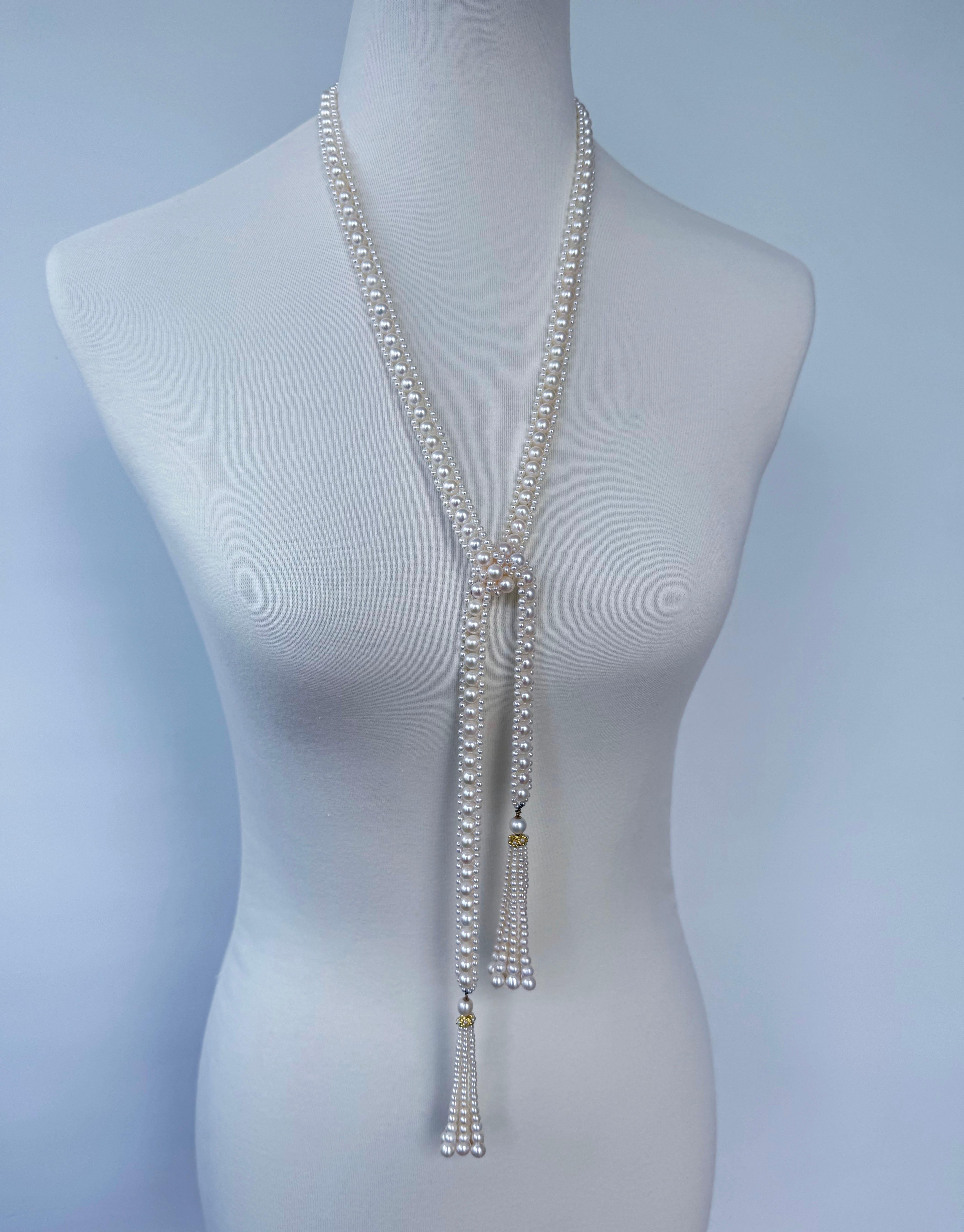 Bead Marina J. Solid 14k Yellow Gold Pearl Sautoir with Graduated Tassels For Sale