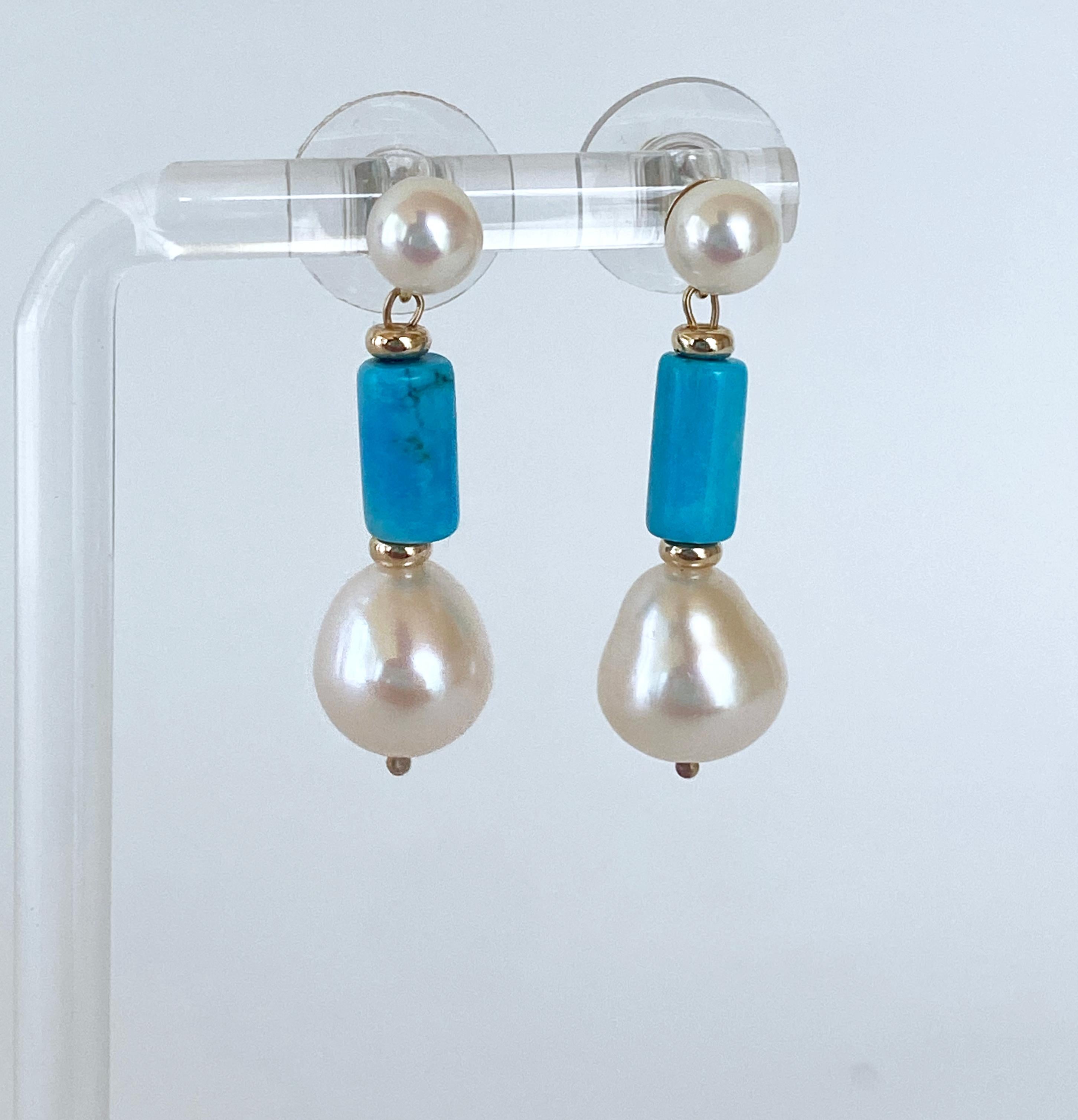 Artisan Marina J. Studded Pearl & Turquoise Earrings with solid 14k Yellow Gold  For Sale