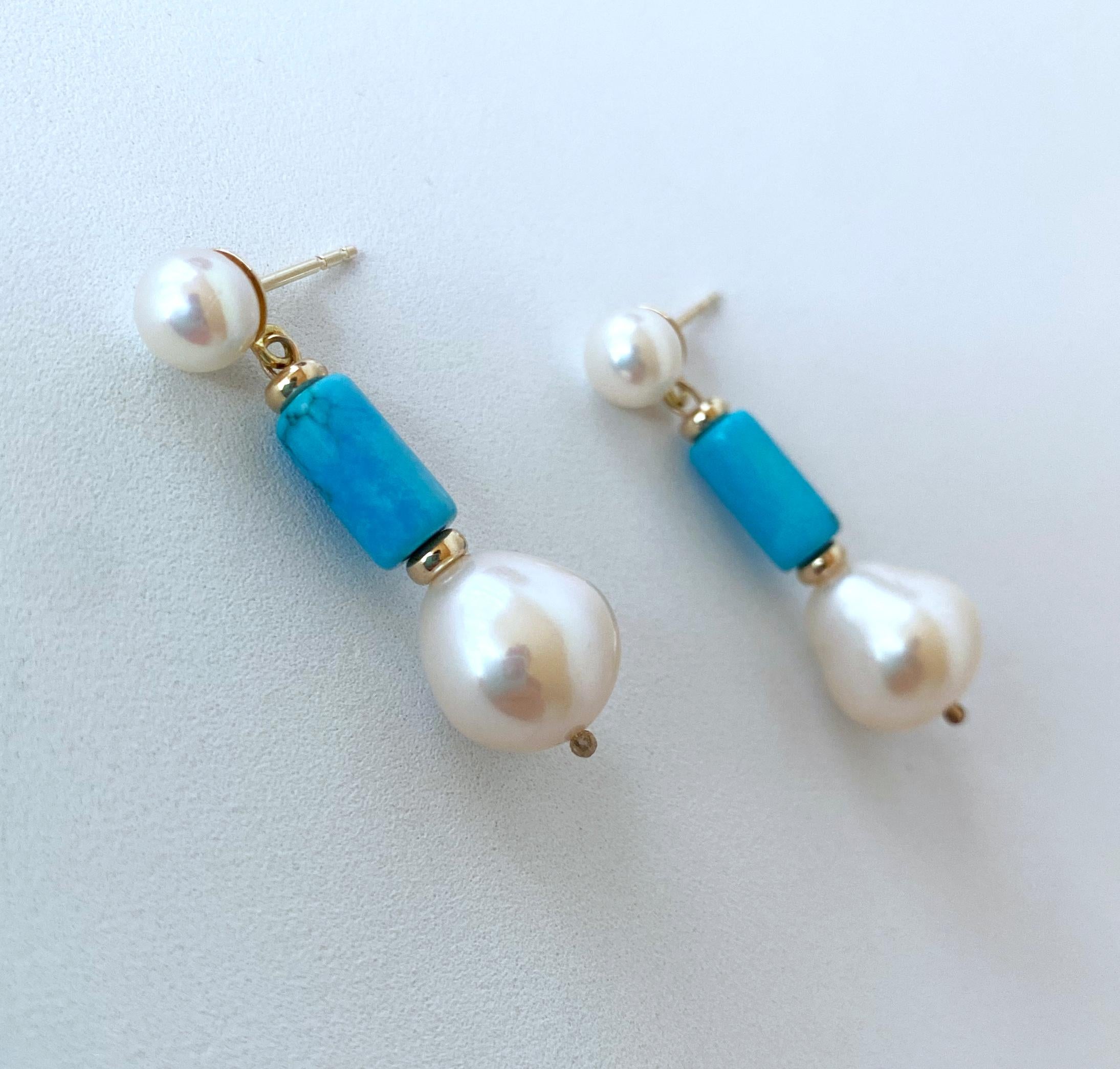 Bead Marina J. Studded Pearl & Turquoise Earrings with solid 14k Yellow Gold  For Sale