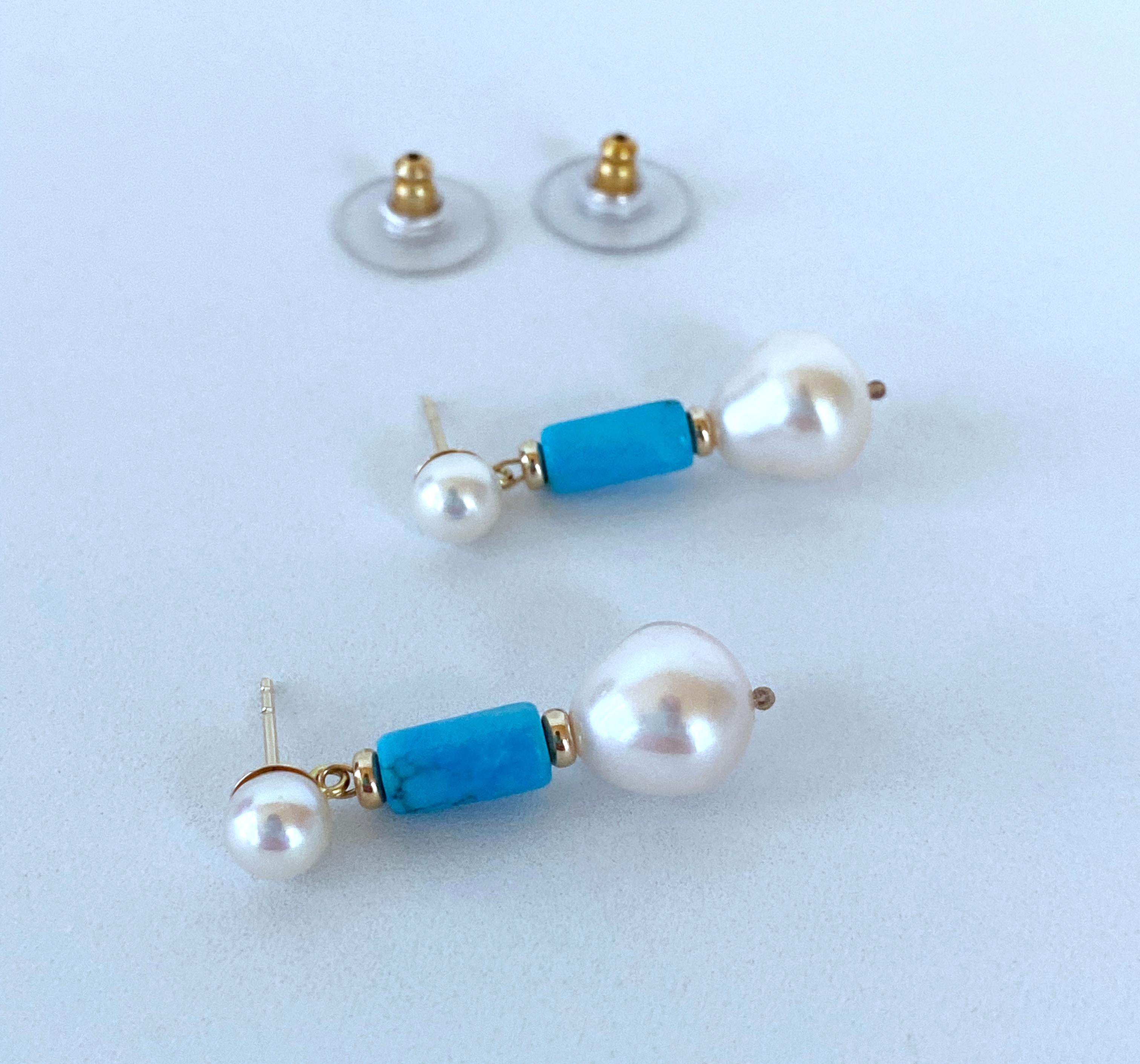 Marina J. Studded Pearl & Turquoise Earrings with solid 14k Yellow Gold  In New Condition For Sale In Los Angeles, CA