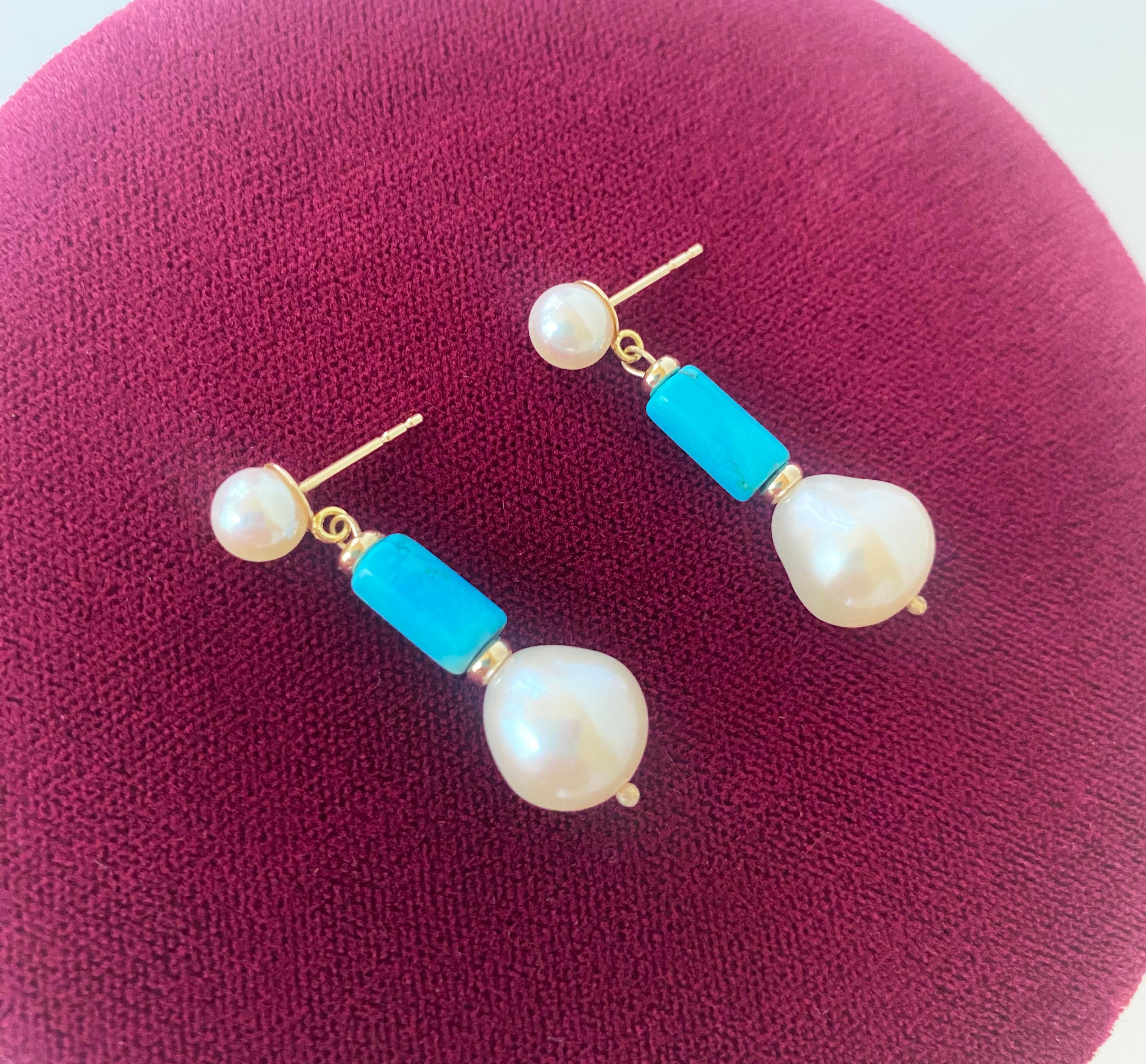 Women's Marina J. Studded Pearl & Turquoise Earrings with solid 14k Yellow Gold  For Sale