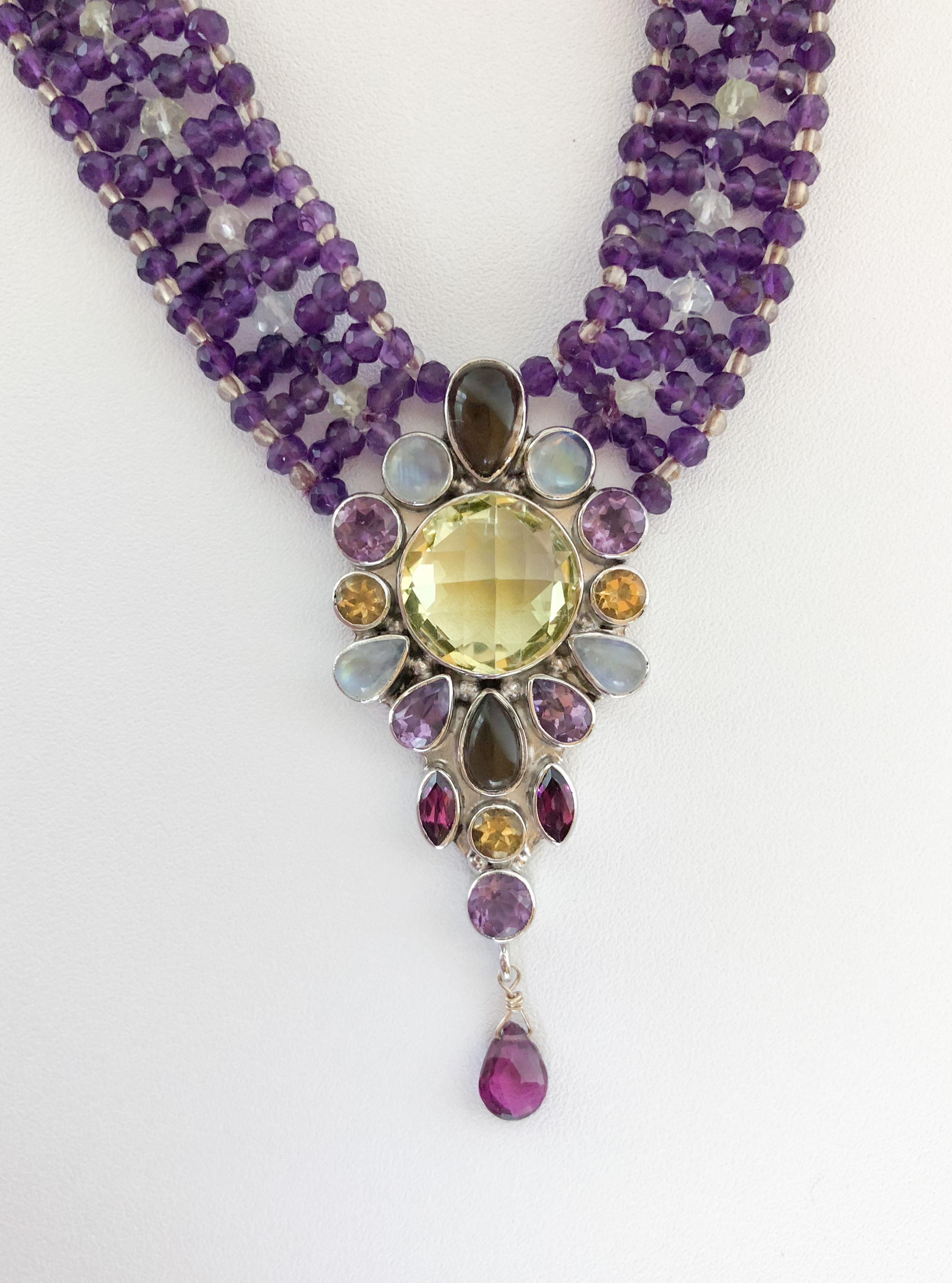 Artisan Marina J. Stunning Amethyst Woven Necklace with Garnet, Citrine, Topaz and Opal