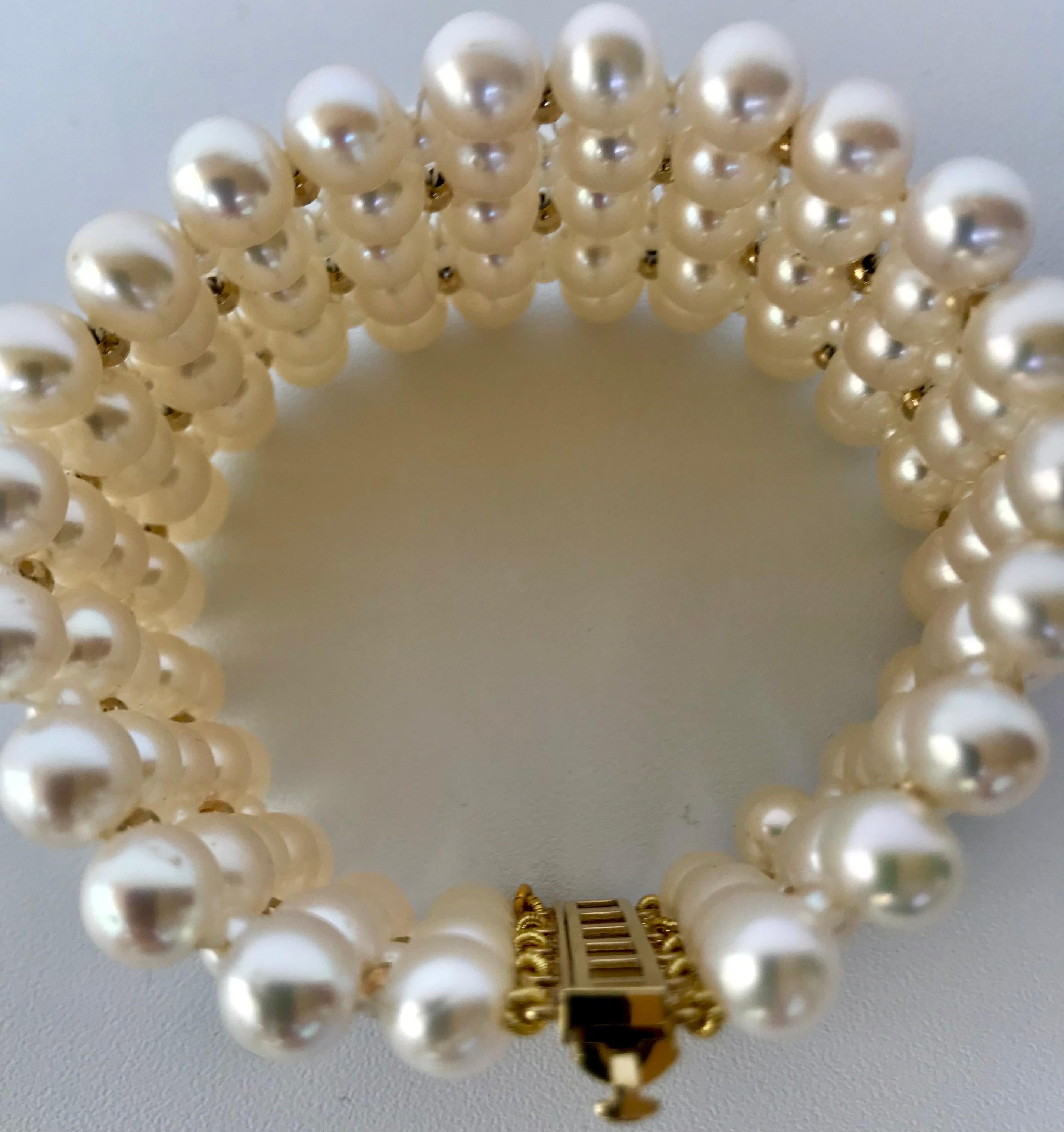 Artisan Marina J Stunning Woven Pearl Bracelet with 14 Karat Yellow Gold Beads and Clasp For Sale
