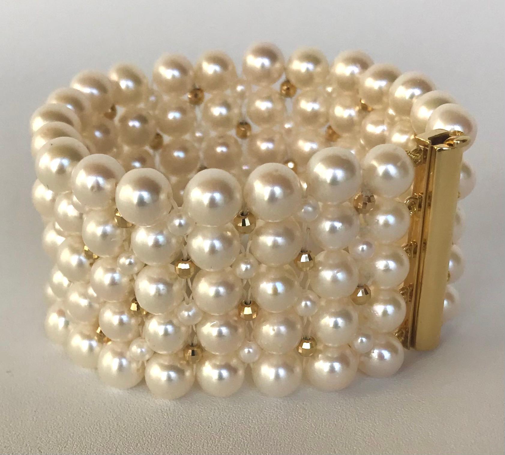 Marina J Stunning Woven Pearl Bracelet with 14 Karat Yellow Gold Beads and Clasp In New Condition For Sale In Los Angeles, CA