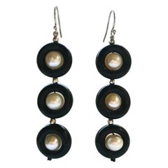 Marina J Triple Black Onyx and Pearl Earrings with 14 Karat Gold Hook and Wiring