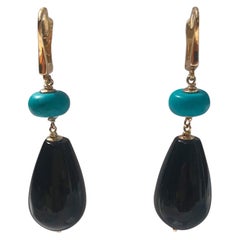 Marina J Turquoise and Onyx Dangle Earrings with 14 Karat Yellow Gold Lever Back