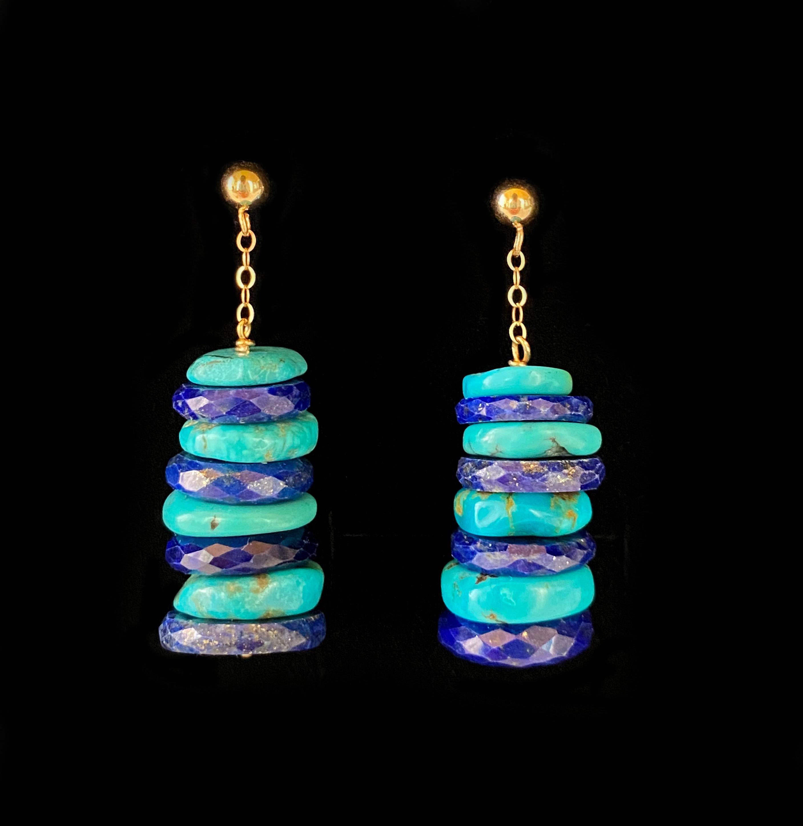 Bead Marina J. Turquoise, Lapis Lazuli & Solid 14k Yellow Gold Earrings For Sale