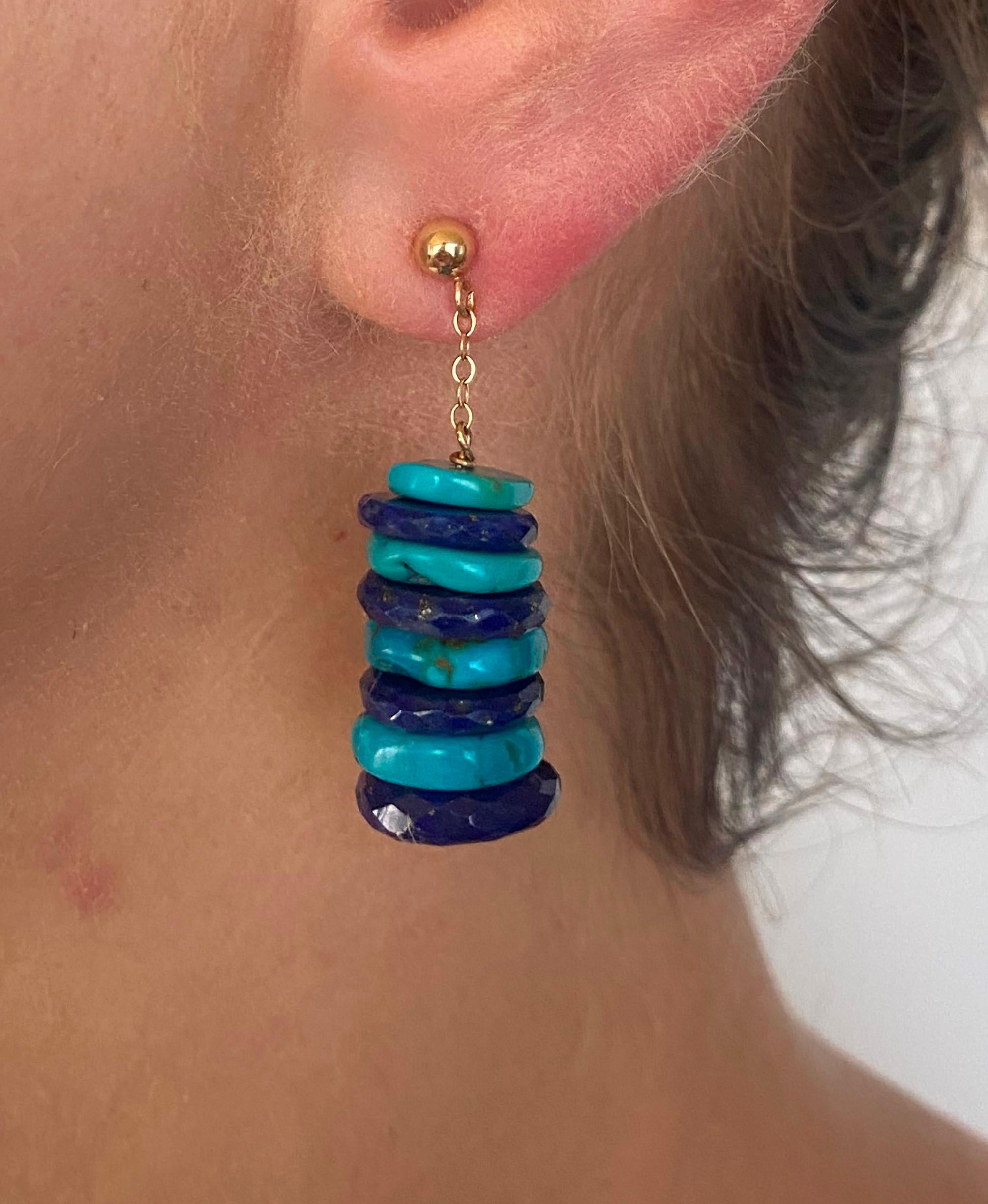 Artisan Marina J. Turquoise, Lapis Lazuli & Solid 14k Yellow Gold Earrings For Sale