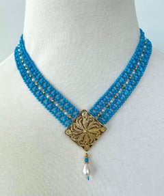 Marina J. Turquoise & Pearl Adjustable Woven Necklace with Filigree Gold Clasp