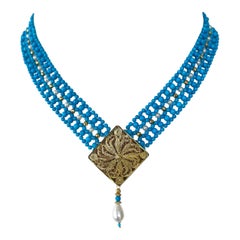 Marina J. Turquoise & Pearl Adjustable Woven Necklace with Filigree Gold Clasp