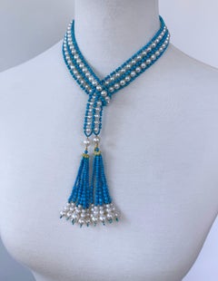 Marina J Turquoise, Pearl & Solid 14k Yellow Gold Sautoir with Graduated Tassels