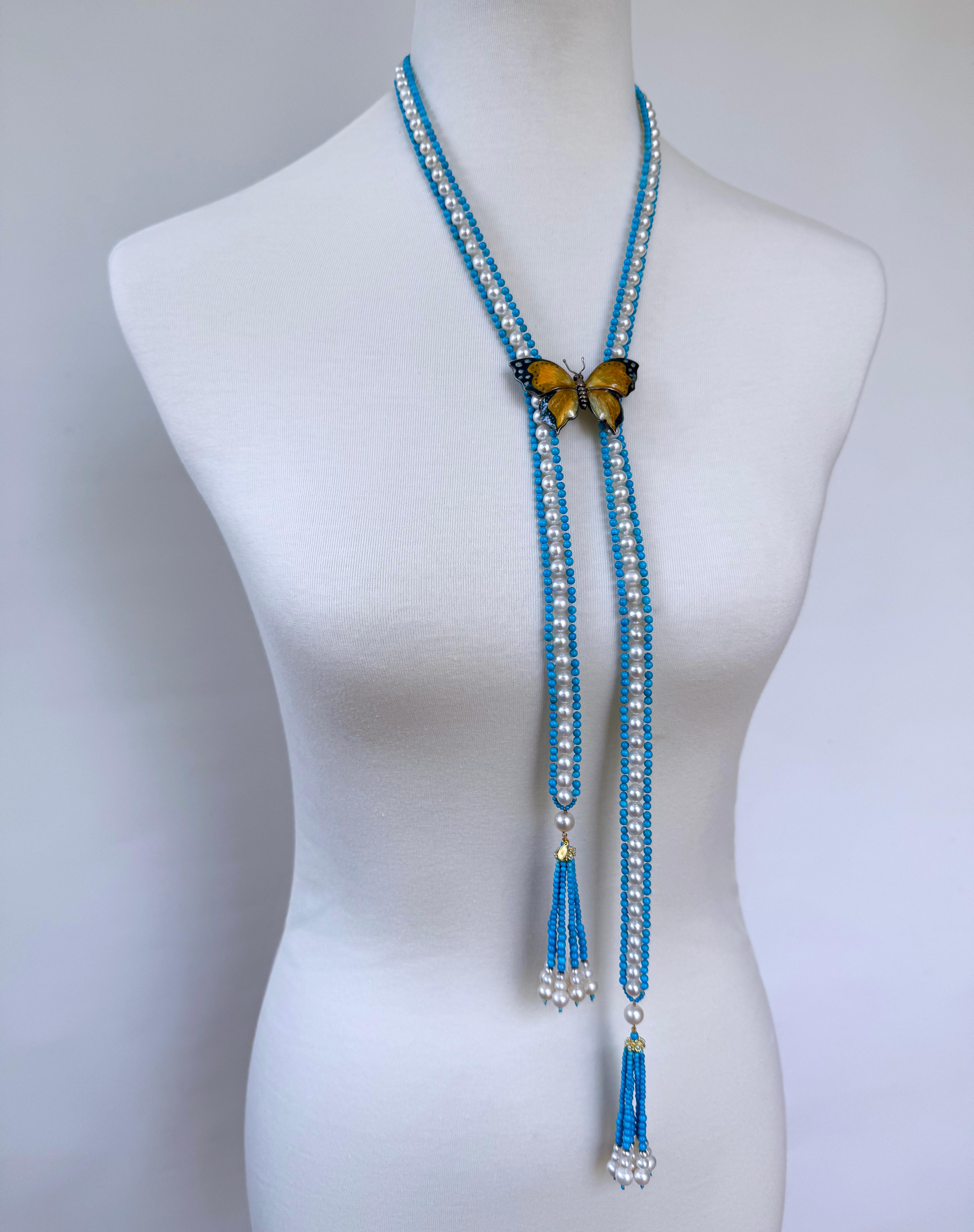 Artisan Marina J Sautoir avec pampilles graduées en or jaune 14 carats, turquoise, perles et or massif en vente