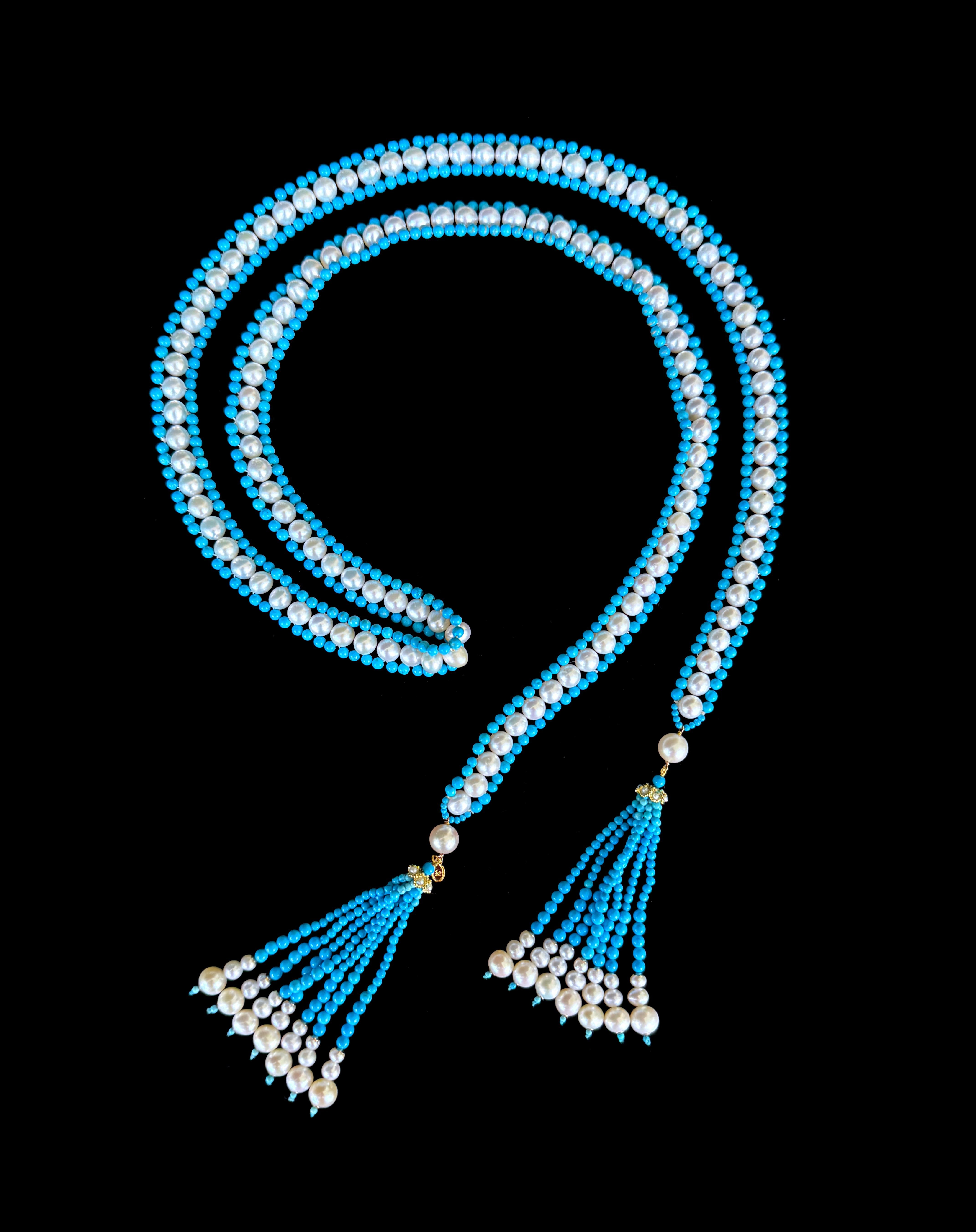 Perle Marina J Sautoir avec pampilles graduées en or jaune 14 carats, turquoise, perles et or massif en vente