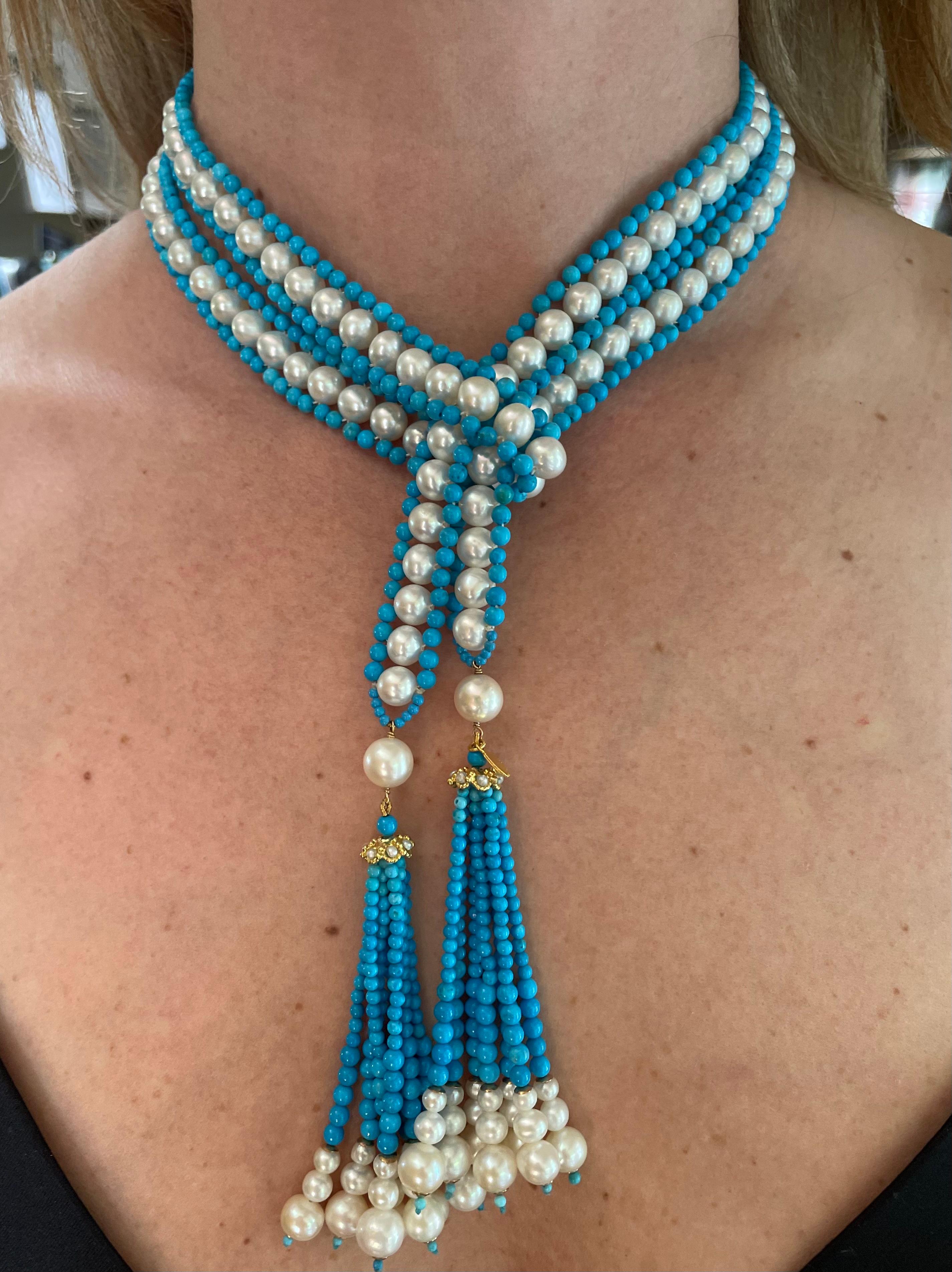 Perlina Marina J. Sautoir in turchese, perle e oro giallo massiccio 14k con nappe graduate in vendita