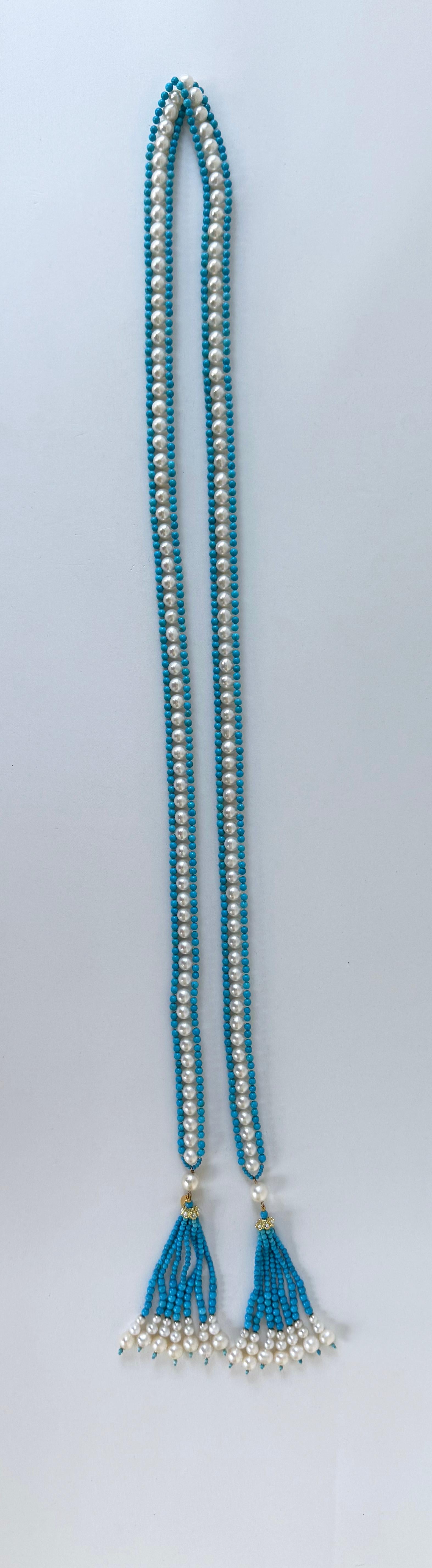 Marina J Sautoir avec pampilles graduées en or jaune 14 carats, turquoise, perles et or massif Neuf - En vente à Los Angeles, CA