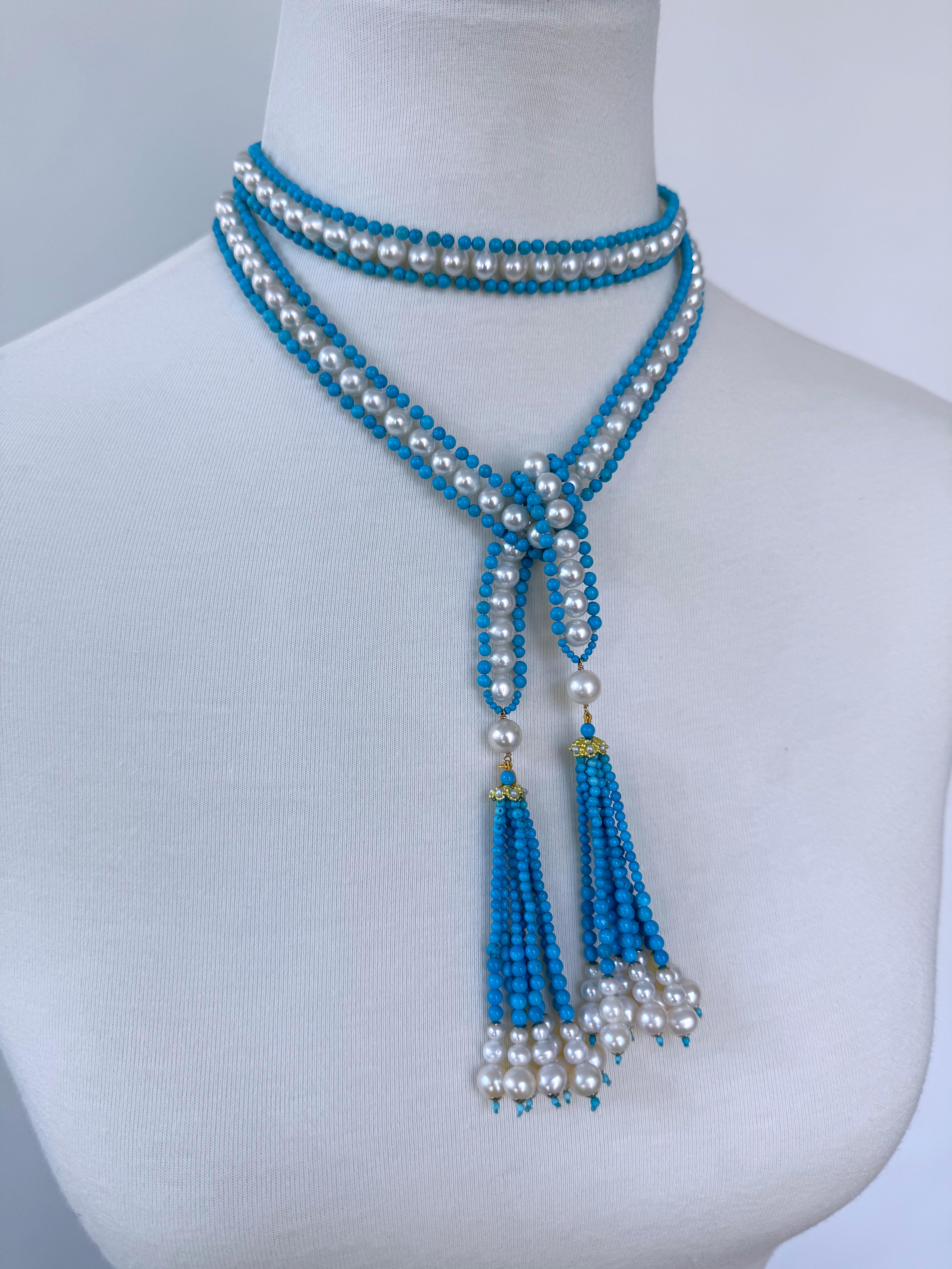 Marina J Sautoir avec pampilles graduées en or jaune 14 carats, turquoise, perles et or massif Pour femmes en vente