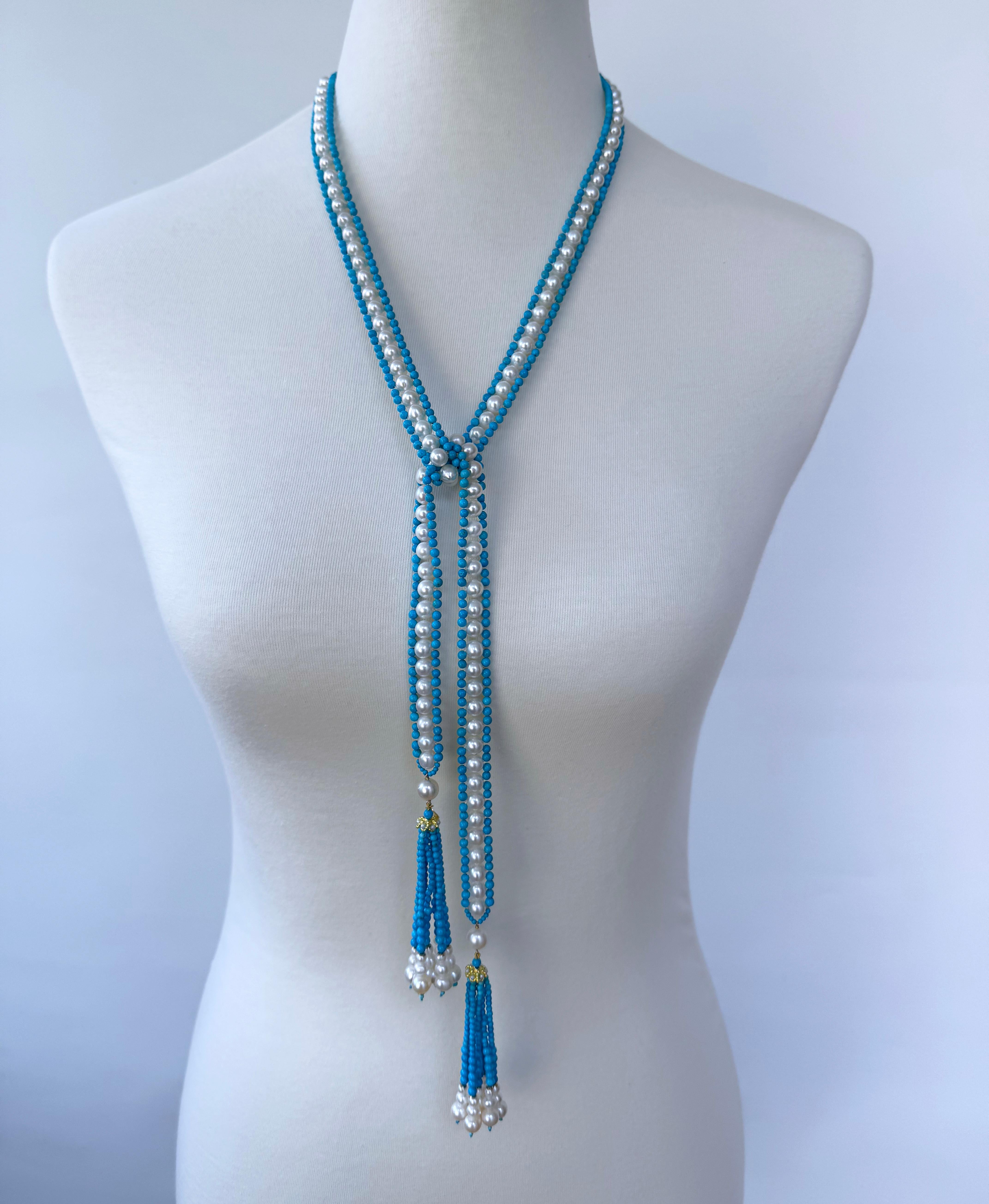 Marina J Sautoir avec pampilles graduées en or jaune 14 carats, turquoise, perles et or massif en vente 1