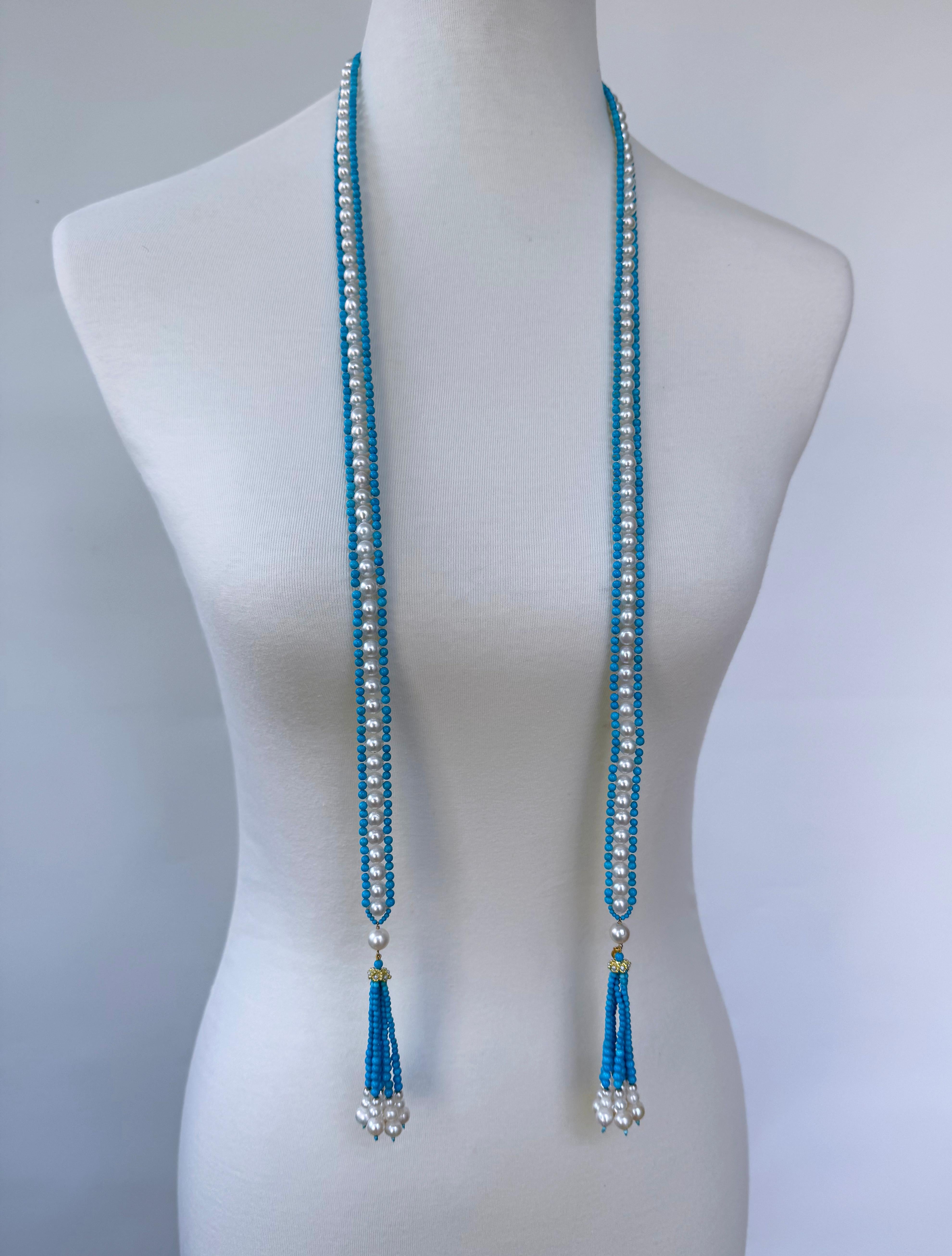 Marina J Sautoir avec pampilles graduées en or jaune 14 carats, turquoise, perles et or massif en vente 2