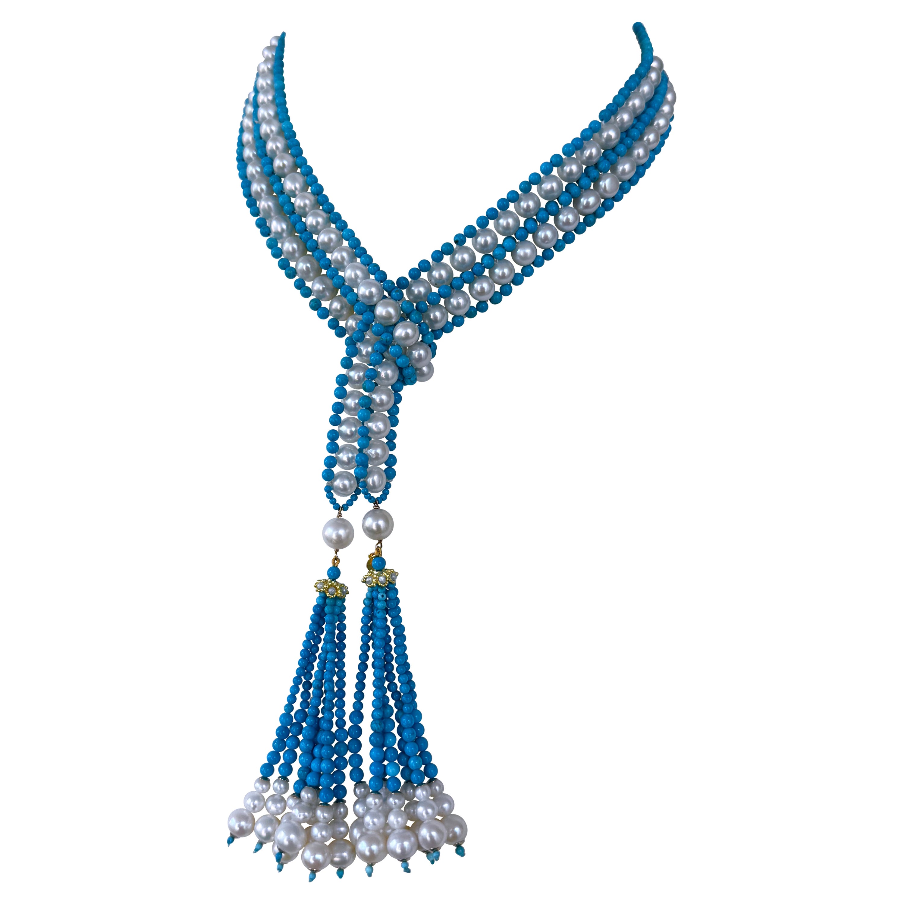 Marina J. Sautoir in turchese, perle e oro giallo massiccio 14k con nappe graduate in vendita