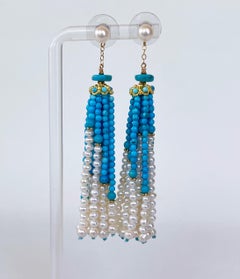 Marina J. Turquoise, Pearl & Solid 14k Yellow Gold Tassel Earrings