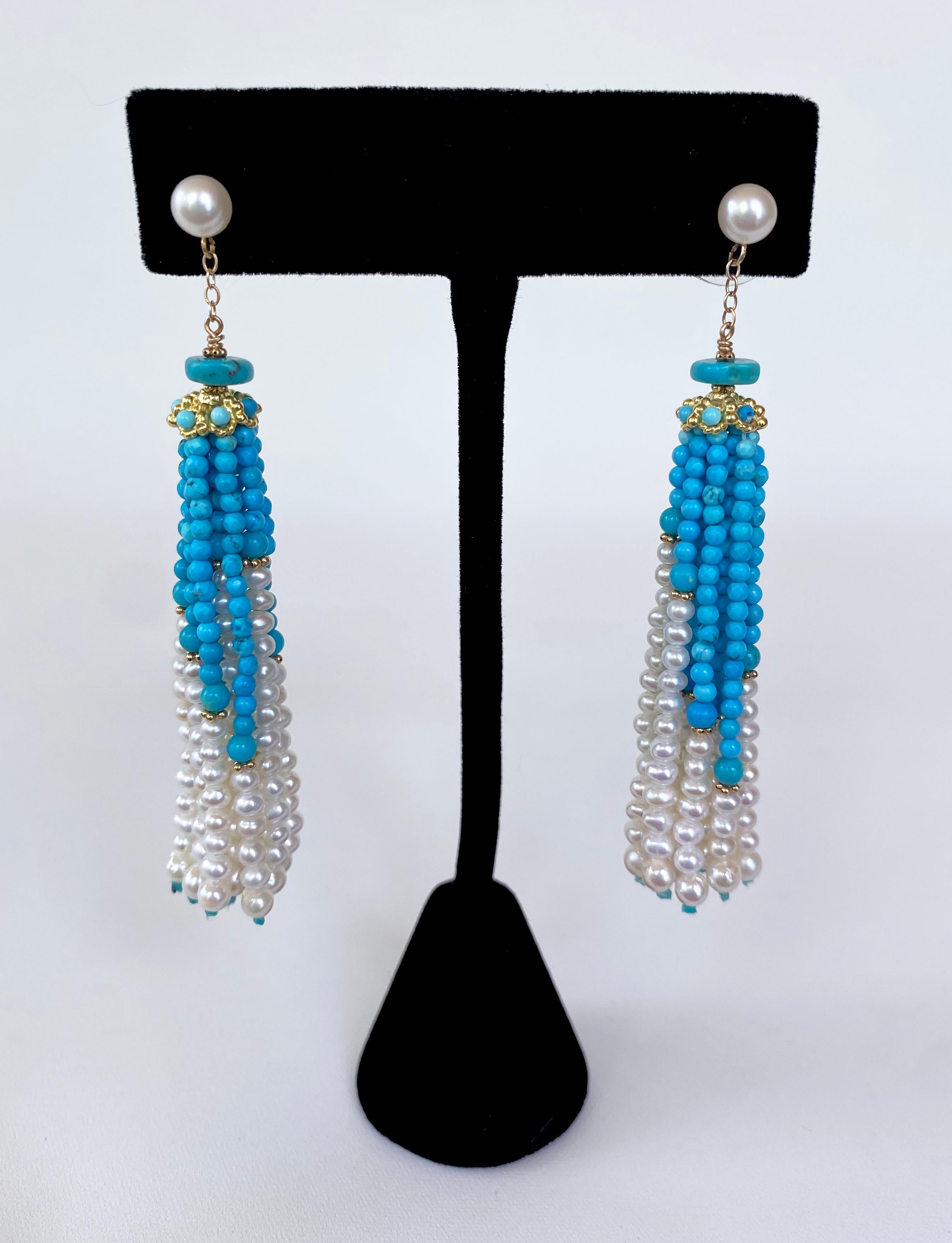 Artisan Marina J. Turquoise, Pearl & Solid 14k Yellow Gold Tassel Earrings For Sale