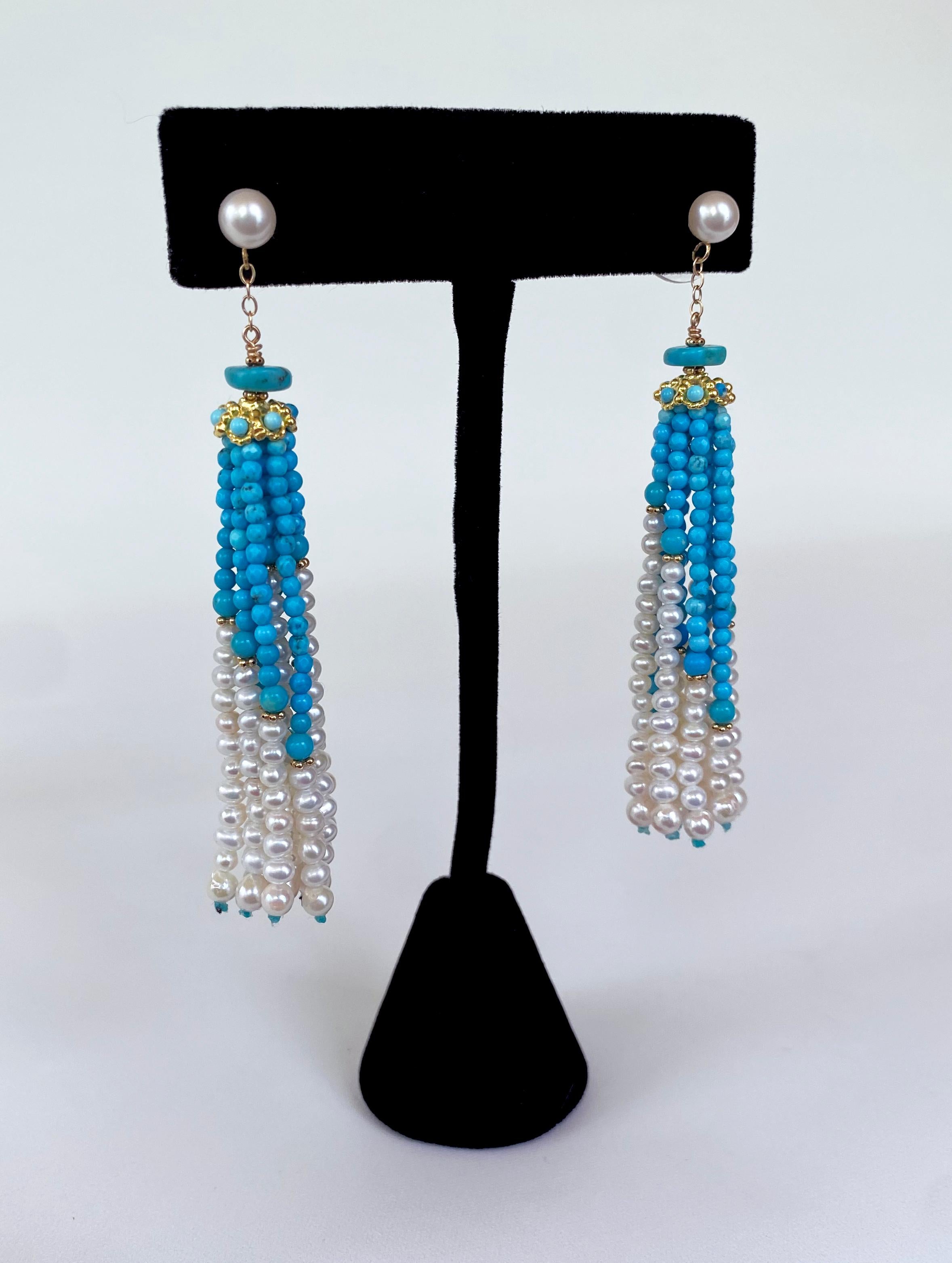 Bead Marina J. Turquoise, Pearl & Solid 14k Yellow Gold Tassel Earrings For Sale