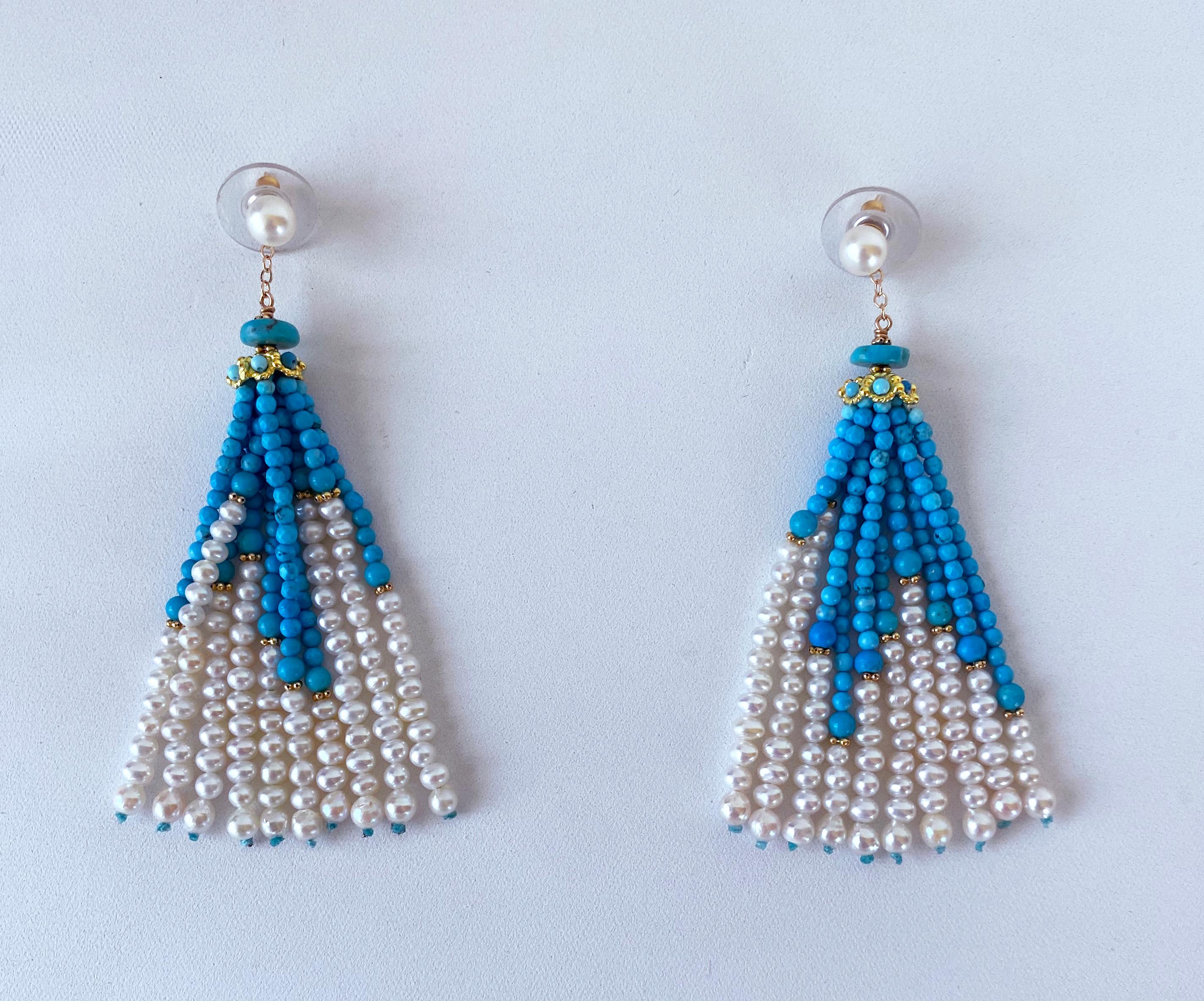 Marina J. Turquoise, Pearl & Solid 14k Yellow Gold Tassel Earrings In New Condition For Sale In Los Angeles, CA