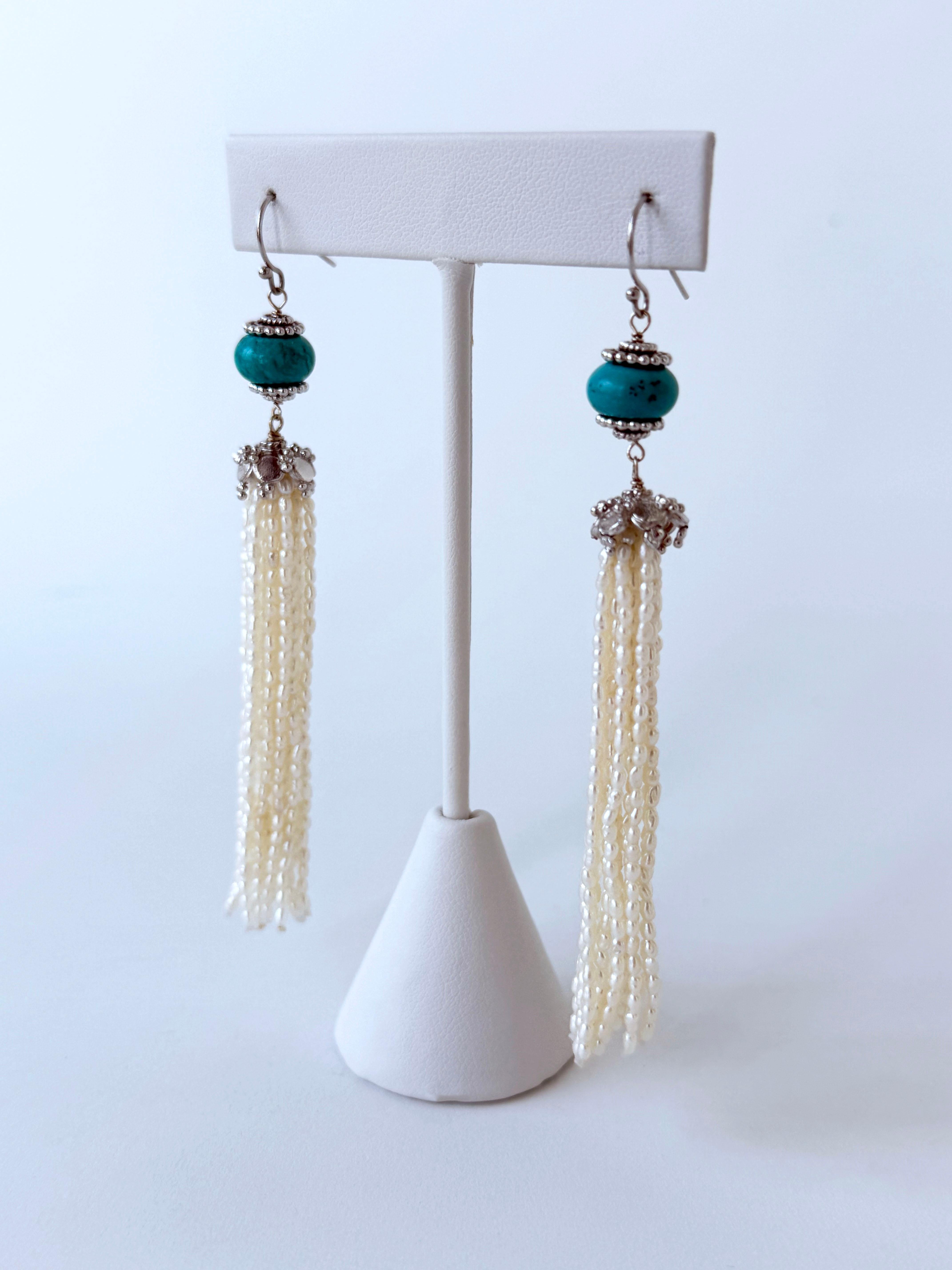 Bead Marina J. Turquoise, Seed Pearl & Silver Dangle Earrings For Sale