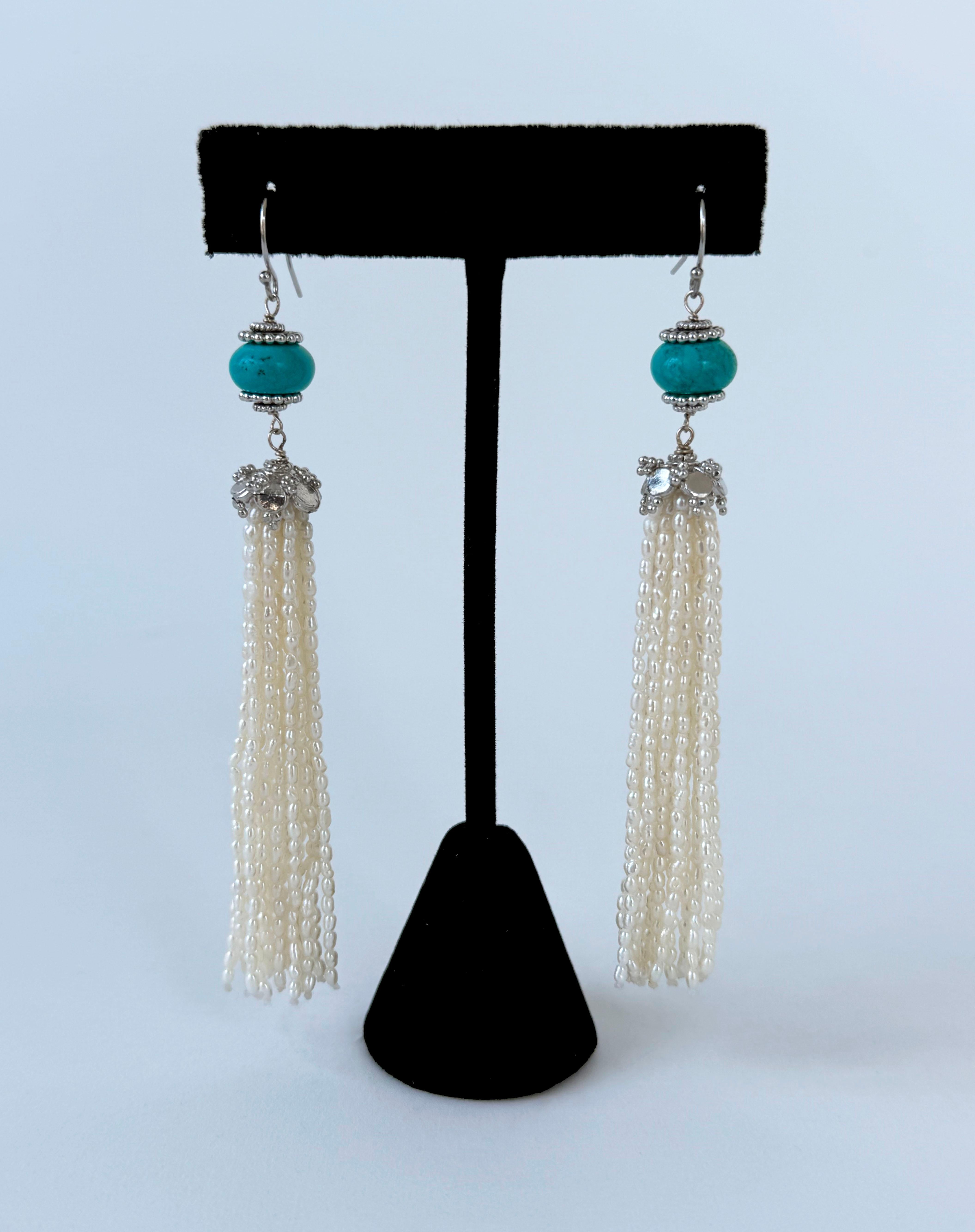 Marina J. Turquoise, Seed Pearl & Silver Dangle Earrings In New Condition For Sale In Los Angeles, CA