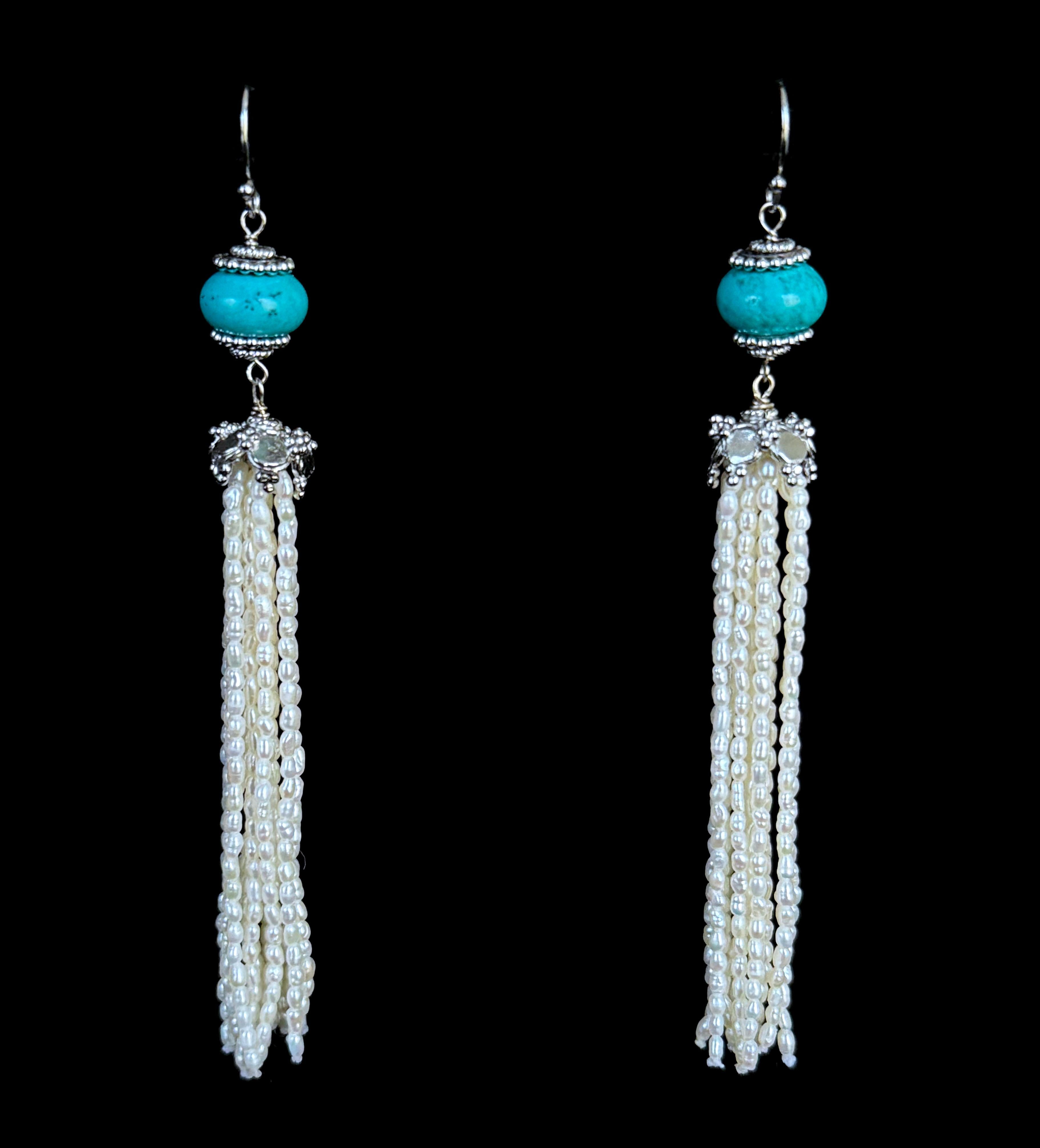 Women's Marina J. Turquoise, Seed Pearl & Silver Dangle Earrings For Sale