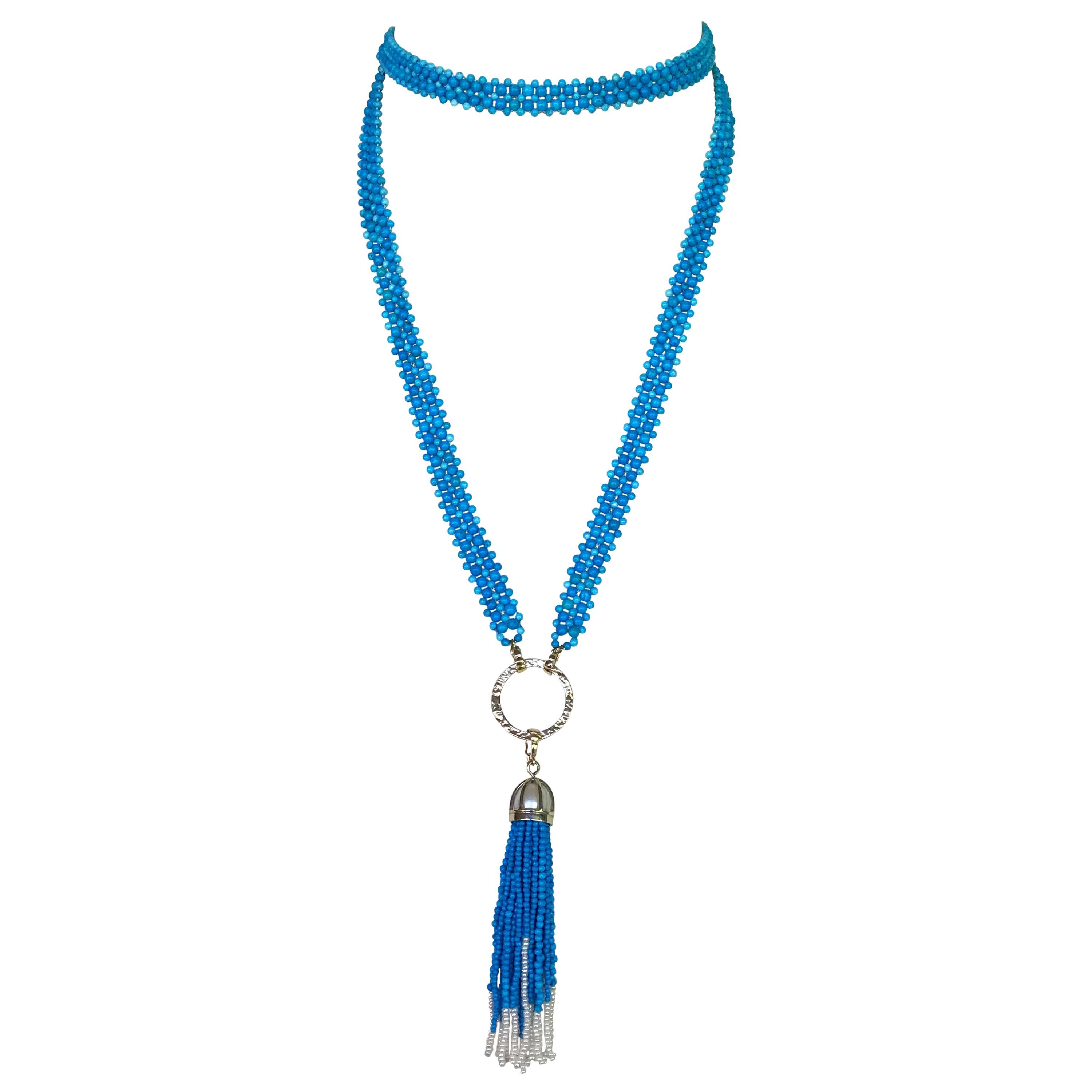 Marina J Woven Turquoise beads Sautoir with Pearls and tassel & 14K Yellow Gold  For Sale