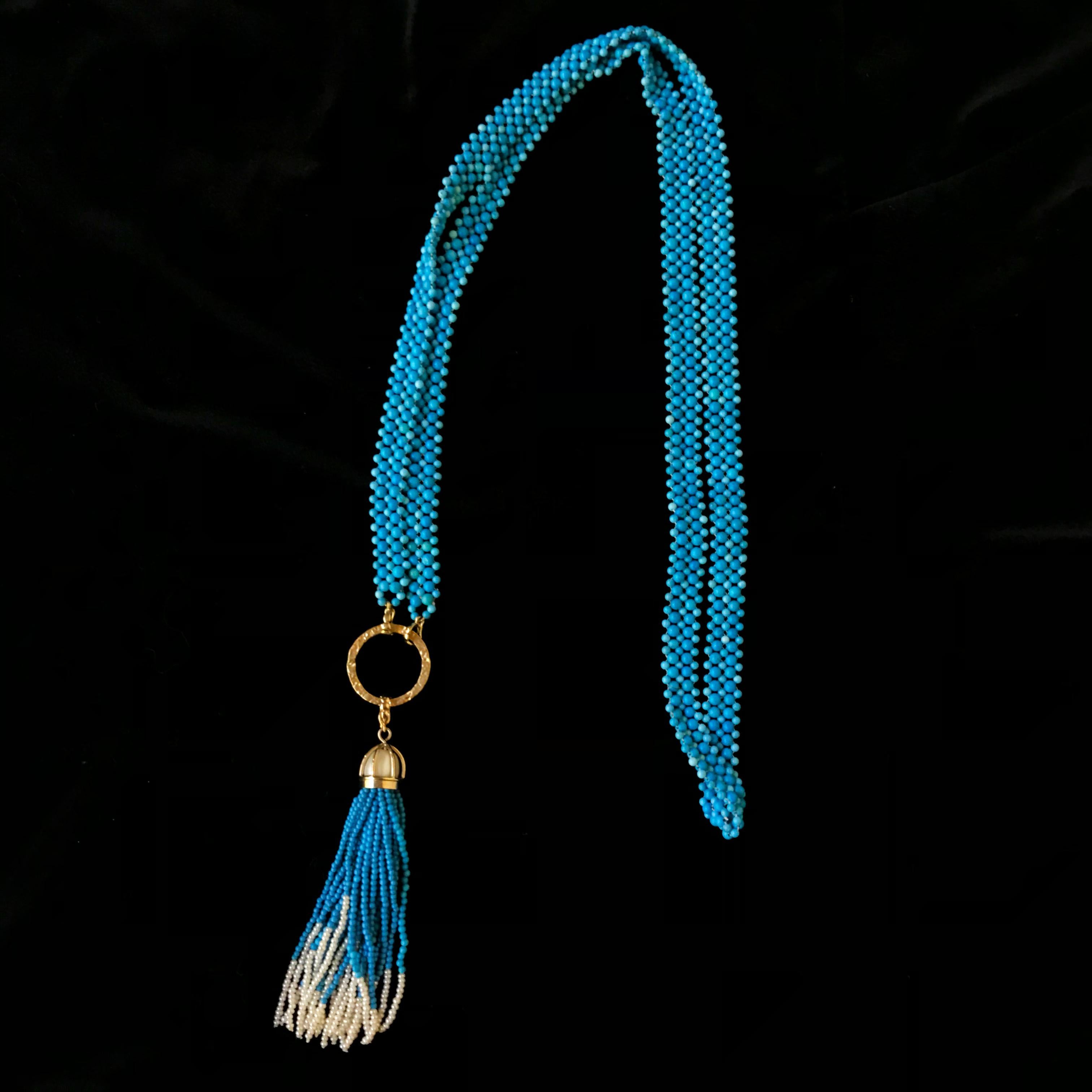 Marina J Woven Turquoise beads Sautoir with Pearls and tassel & 14K Yellow Gold  For Sale 4